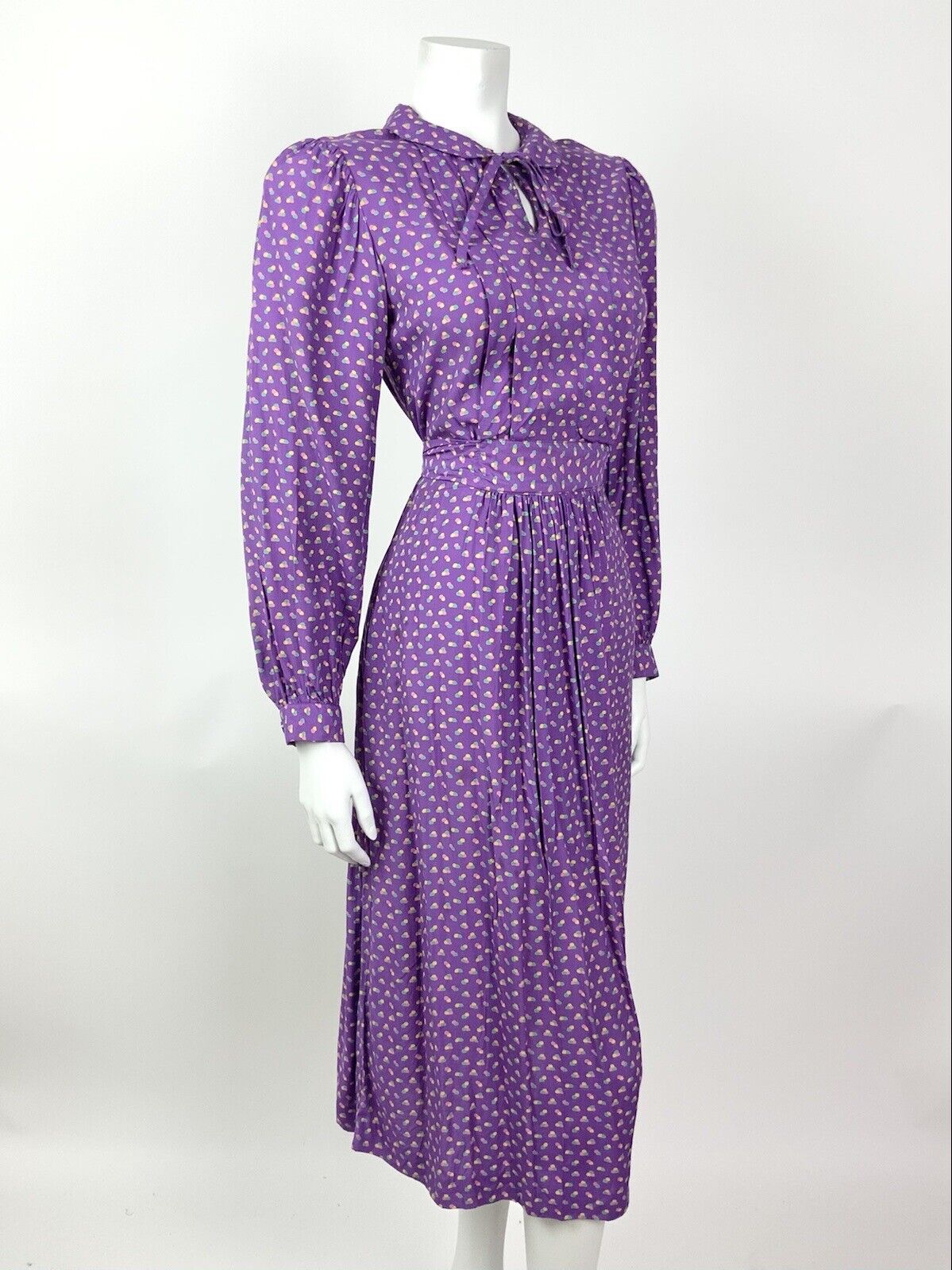 VINTAGE 60s 70s PURPLE GREEN PINK DOTTY DITSY PETER PAN BOW MIDI DRESS 8 10