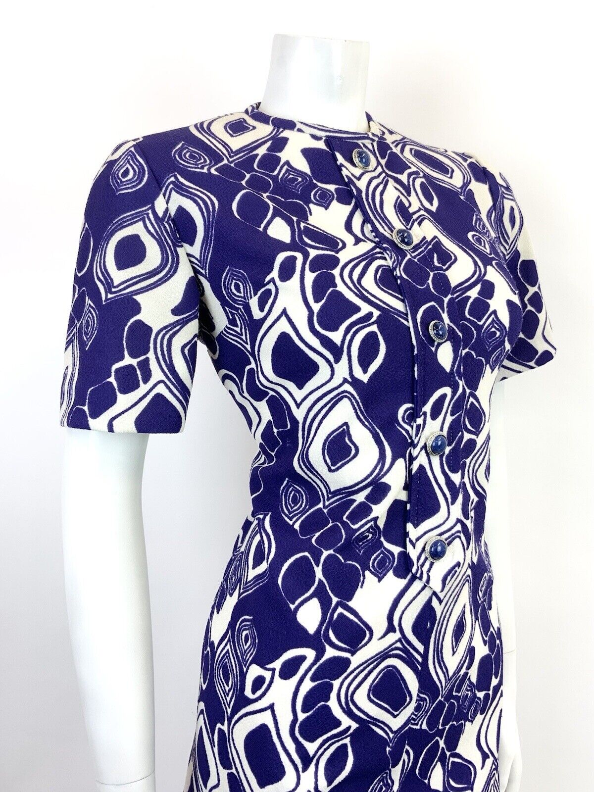 VINTAGE 60s 70s VIOLET PURPLE WHITE PSYCHEDELIC GEOMETRIC MOD SHORT DRESS 10 12