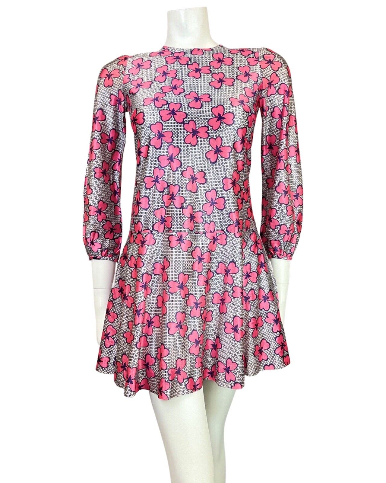 VINTAGE 60s STYLE 90s WHITE BLUE PINK GEOMETRIC FLORAL MOD DROP-WAIST DRESS 4