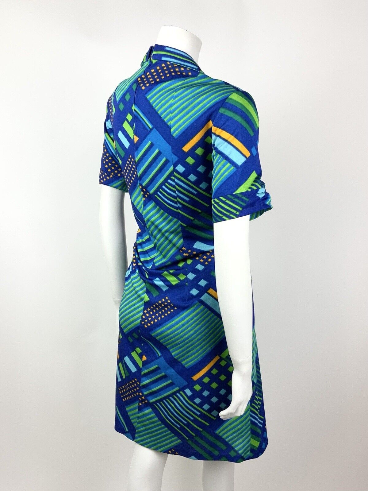VINTAGE 60s 70s BLUE GREEN ORANGE GOLD GEOMETRIC STRIPED MOD SHIRT DRESS 16