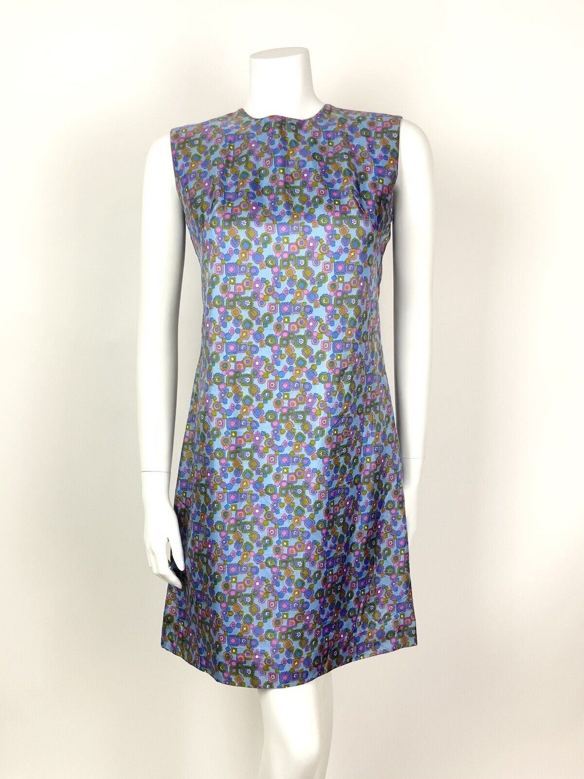 VTG 60s 70s BLUE PURPLE PINK GREEN FLORAL DAISY GEOMETRIC MOD SHIFT DRESS 8 10