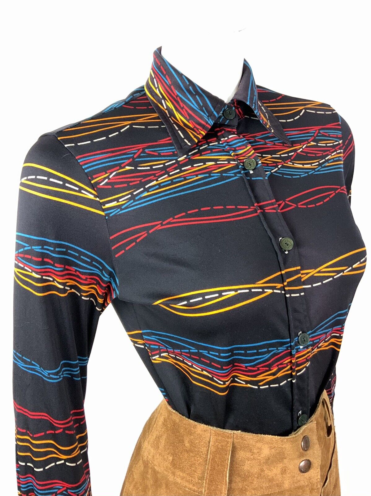 VINTAGE 60s 70s BLACK ORANGE BLUE RED WAVY STRIPED DAGGER COLLAR SHIRT 10 12