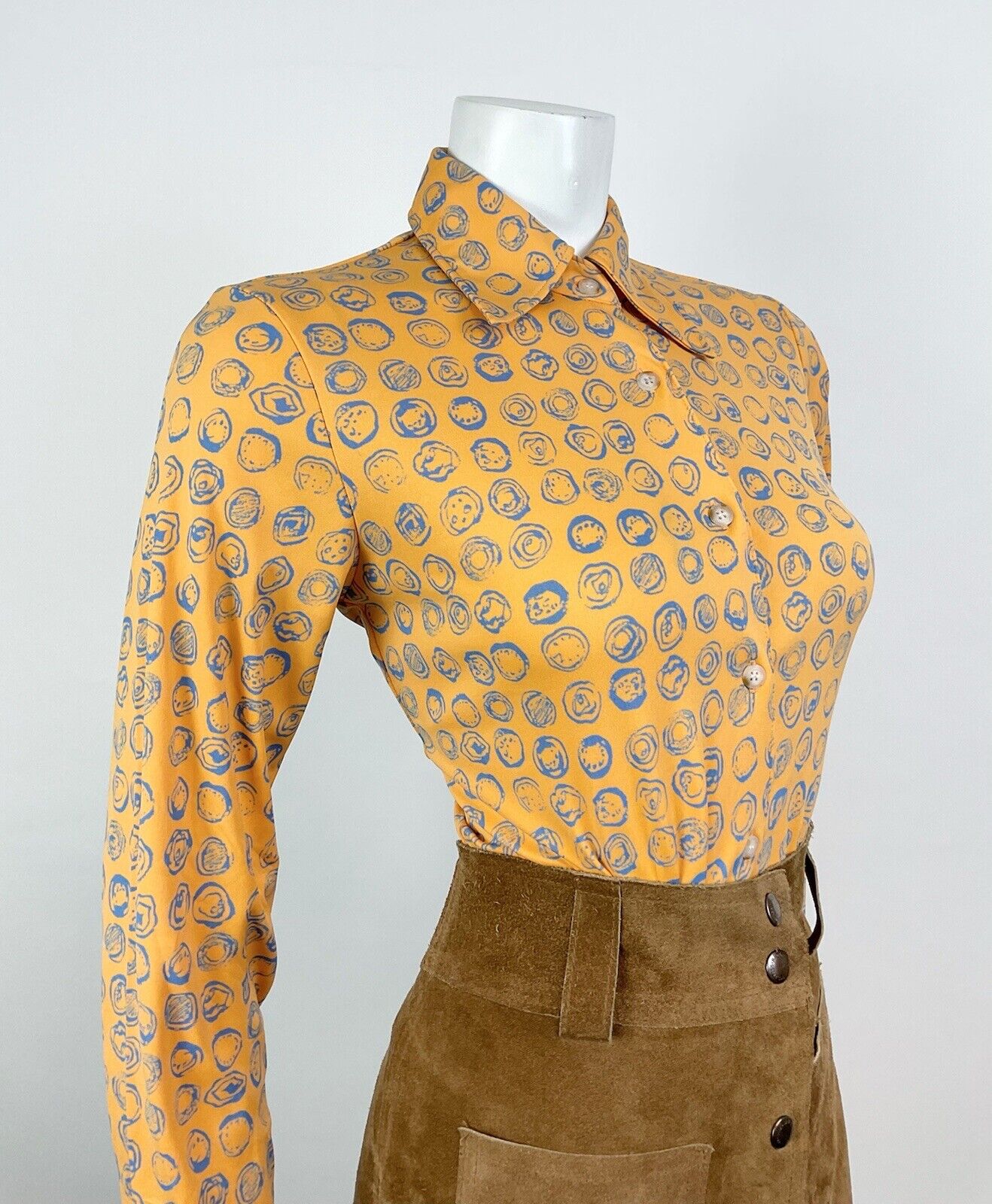VINTAGE 60s 70s ORANGE BLUE PSYCHEDELIC CIRCLE DOTTY DAGGER SHIRT BLOUSE 8 10