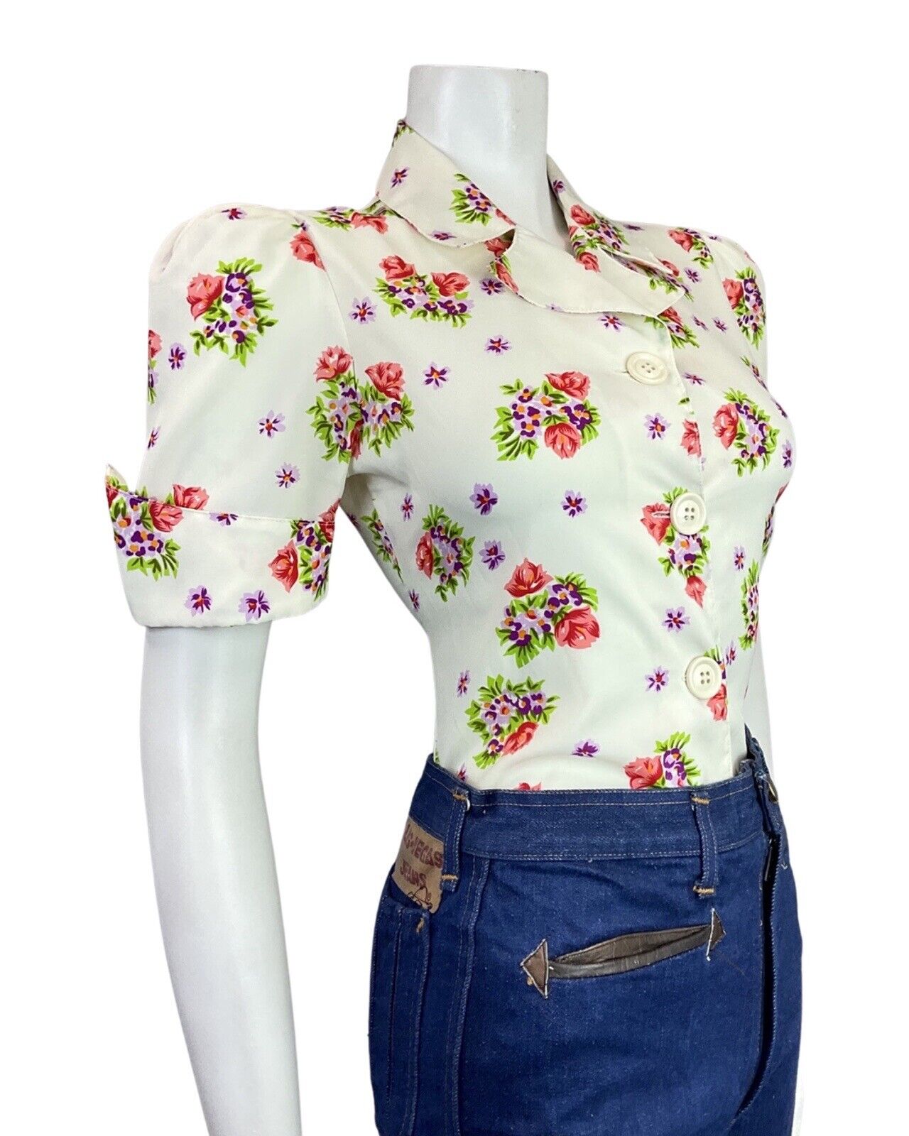 VINTAGE 60s 70s CREAM PURPLE RED FLORAL MOD DAGGER SHIRT BLOUSE TOP 10