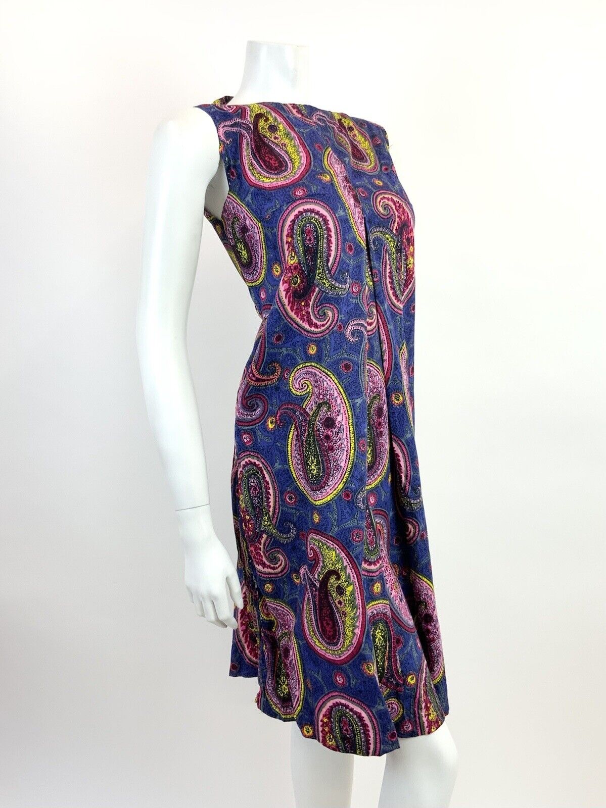 VTG 60s 70s BLUE PINK YELLOW PSYCHEDELIC PAISLEY MOD SHIFT  A-LINE DRESS 10 12