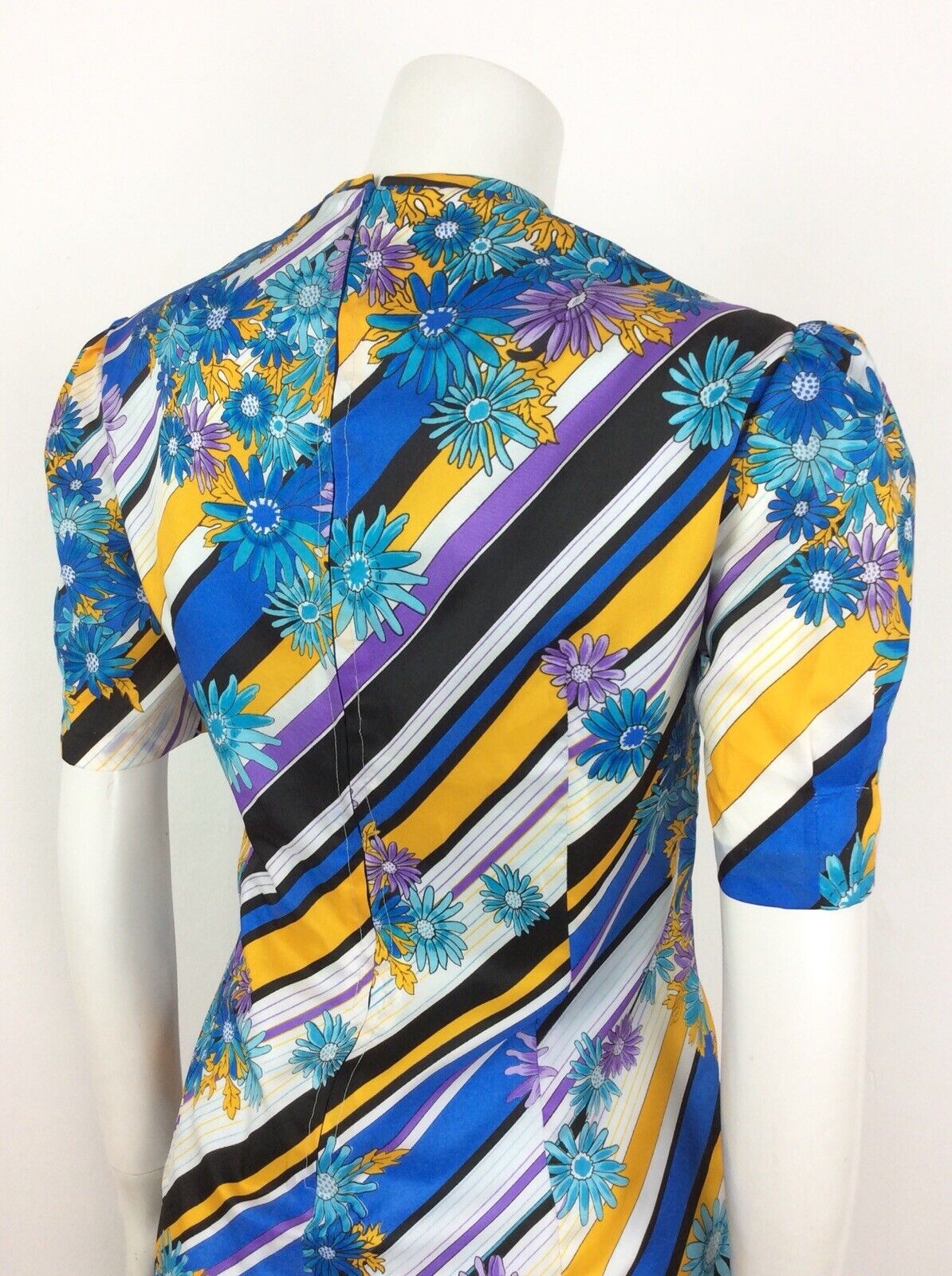 VTG 60s 70s BLUE YELLOW BLACK PURPLE STRIPE FLOWER DAISY DRESS 14