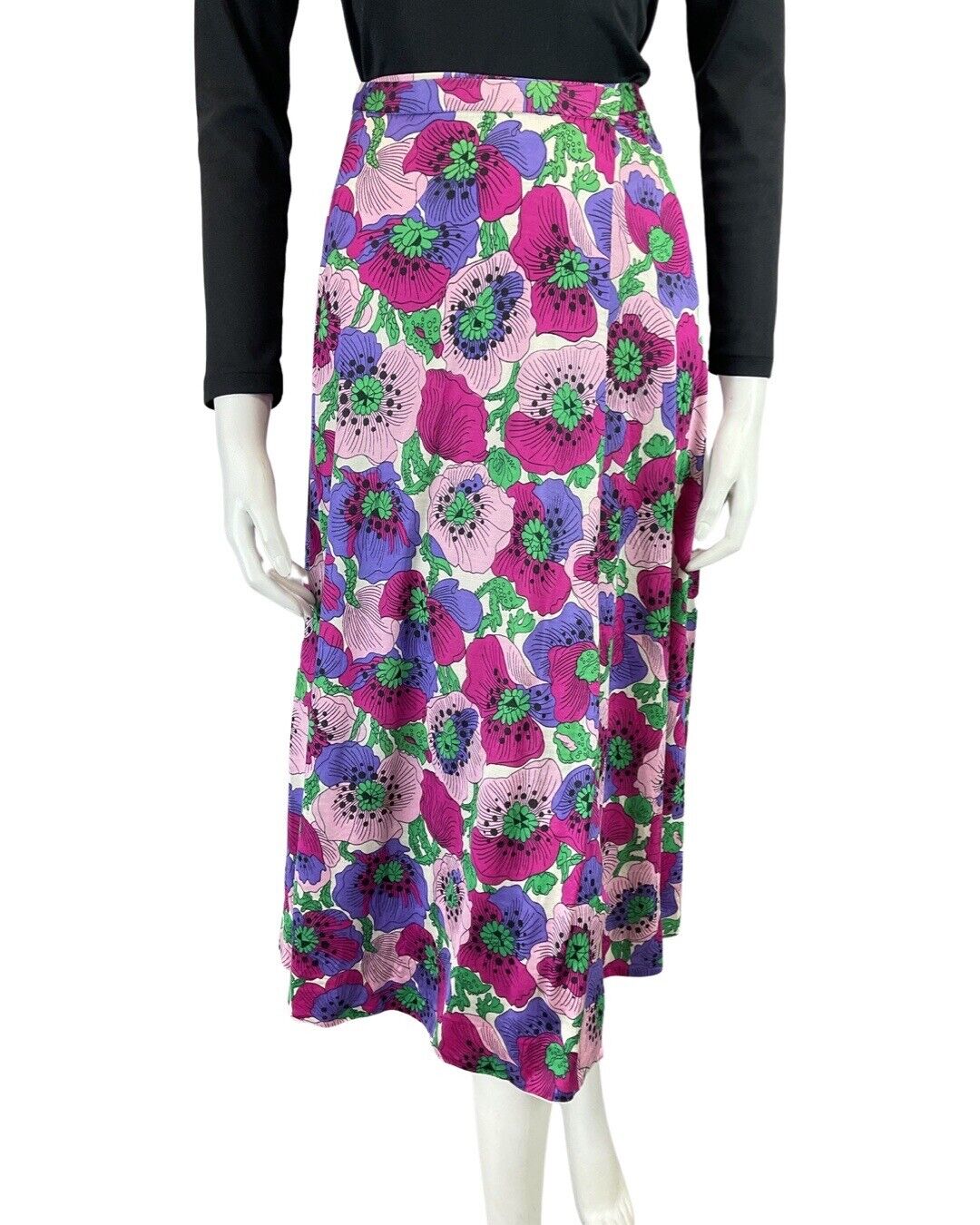 VINTAGE 60s 70s PURPLE PINK GREEN FLOWER POPPY MIDI WRAP SKIRT 8