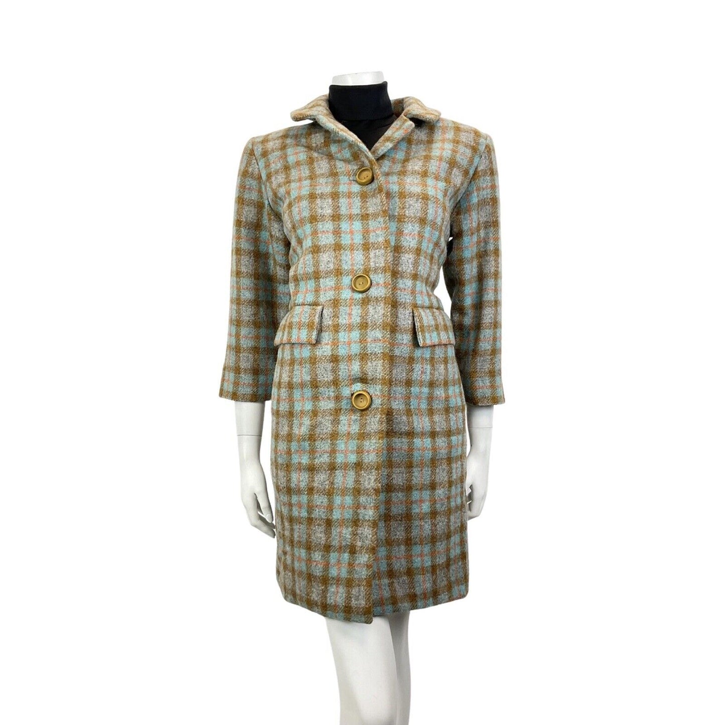 VINTAGE 60s 70s BLUE BROWN GREY TARTAN PLAID CHECKED MOD BOX WOOL COAT 12 14