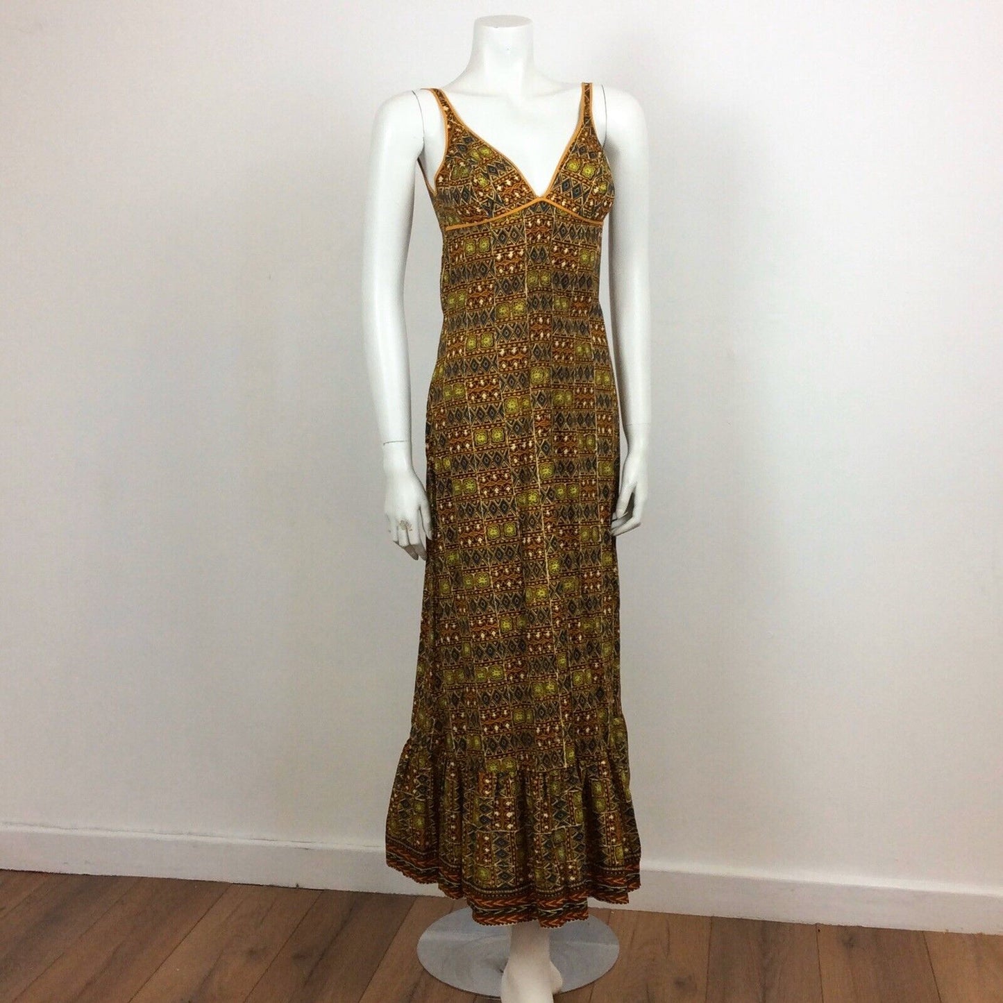 60S 70s VTG BROWN ORANGE BATIK PRINT FESTIVAL TRIBAL BOHO MAXI DRESS 10 12