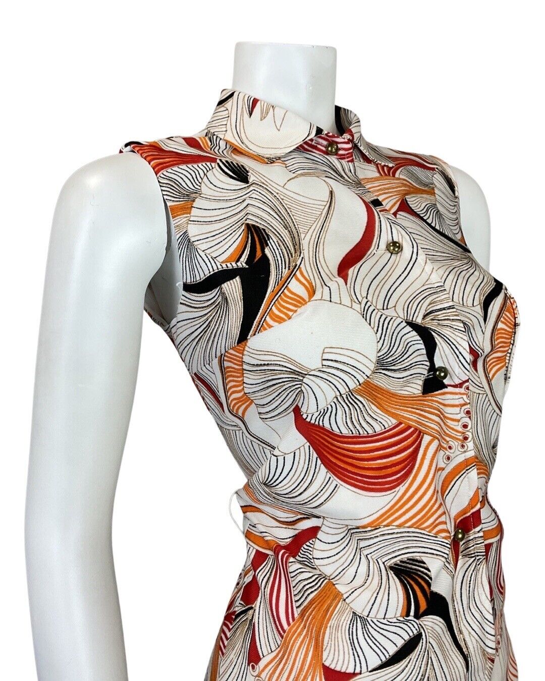 VINTAGE 60s 70s WHITE RED BLACK PSYCHEDELIC FLORAL SLEEVELESS MOD SHIRT DRESS 10