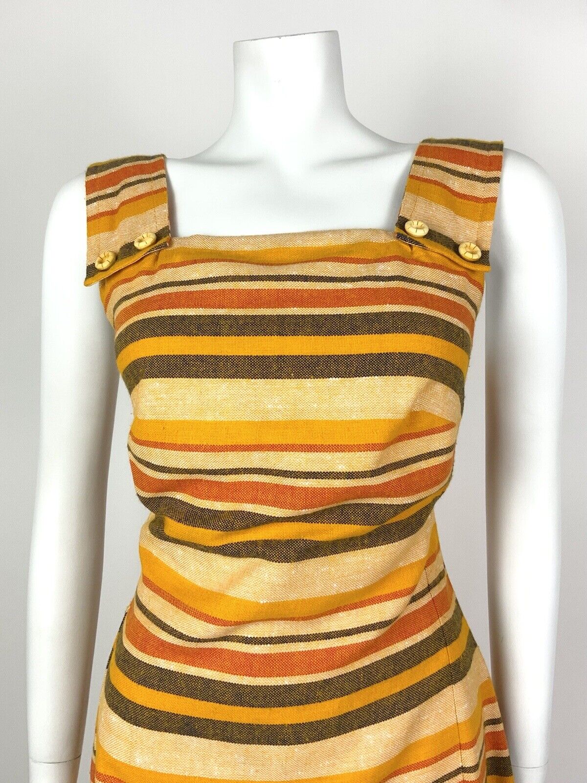 VINTAGE 60s 70s YELLOW ORANGE RED BLACK STRIPED MOD STRAPPY PINNY DRESS 10