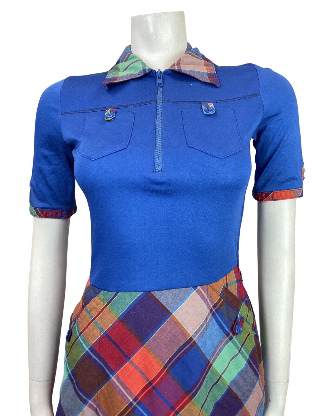 VINTAGE 60s 70s BLUE GREEN RED PLAID TARTAN MOD SWING MIDI SHIRT DRESS 8