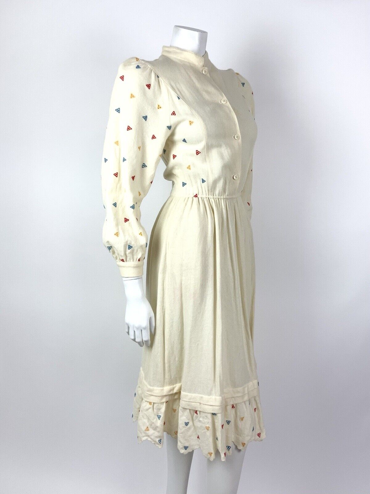 VINTAGE 70s 80s CREAM RED BLUE EMBROIDERED GEOMETRIC FOLK BOHO WOOL DRESS 6