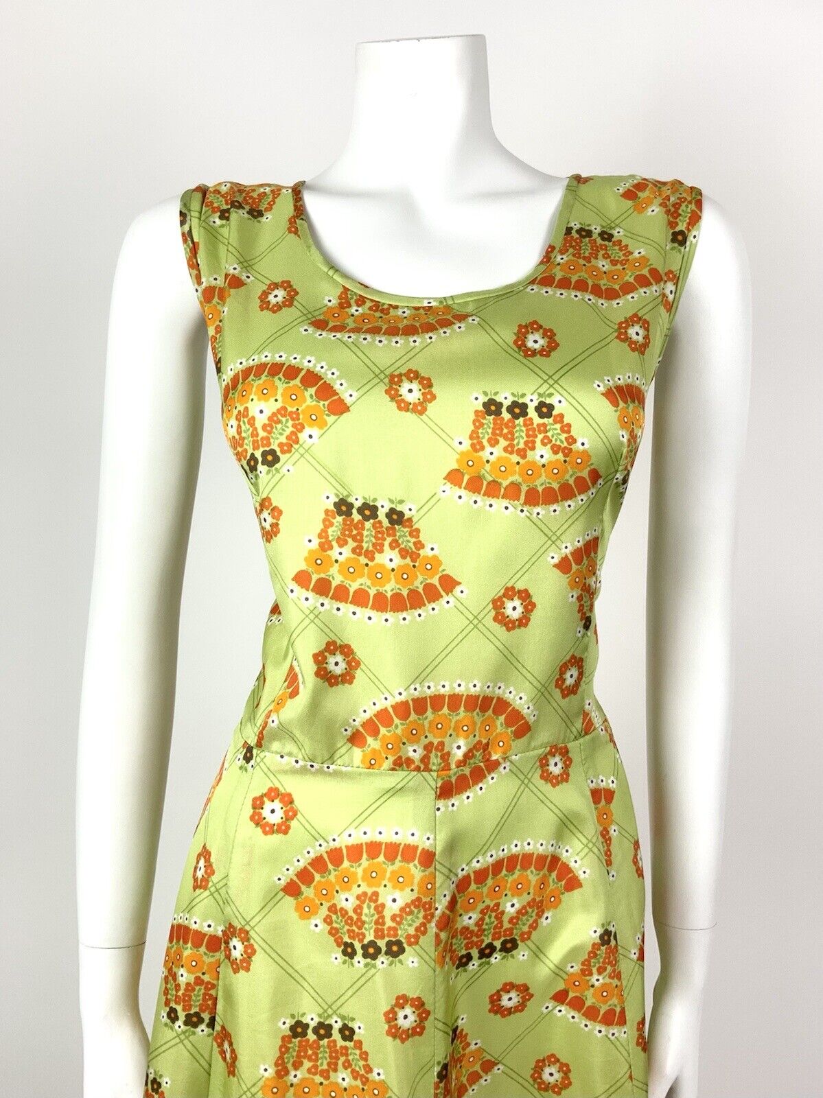 VINTAGE 60s 70s LIME GREEN ORANGE BROWN CHECKED FLORAL FAN MOD DRESS 12 14