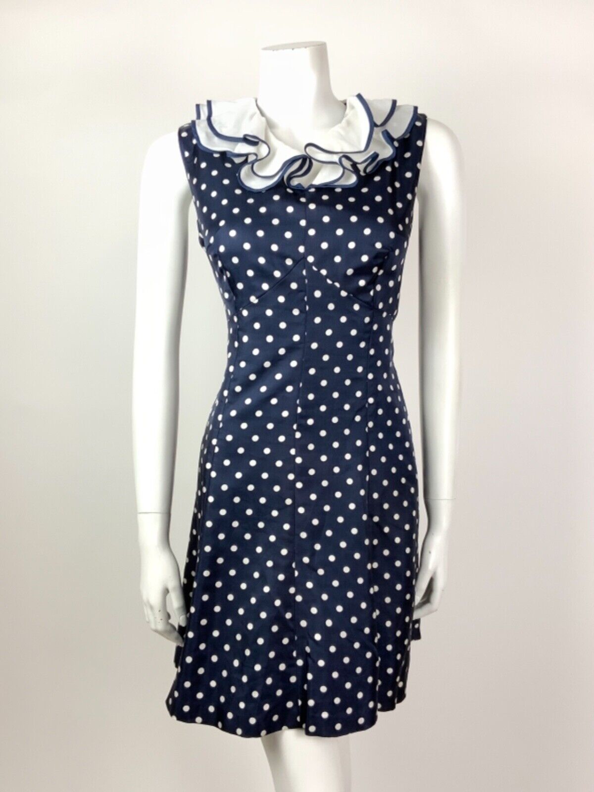 VINTAGE 60s 70s NAVY BLUE WHITE POLKA-DOT RUFFLED SLEEVELESS MOD DRESS 10 12