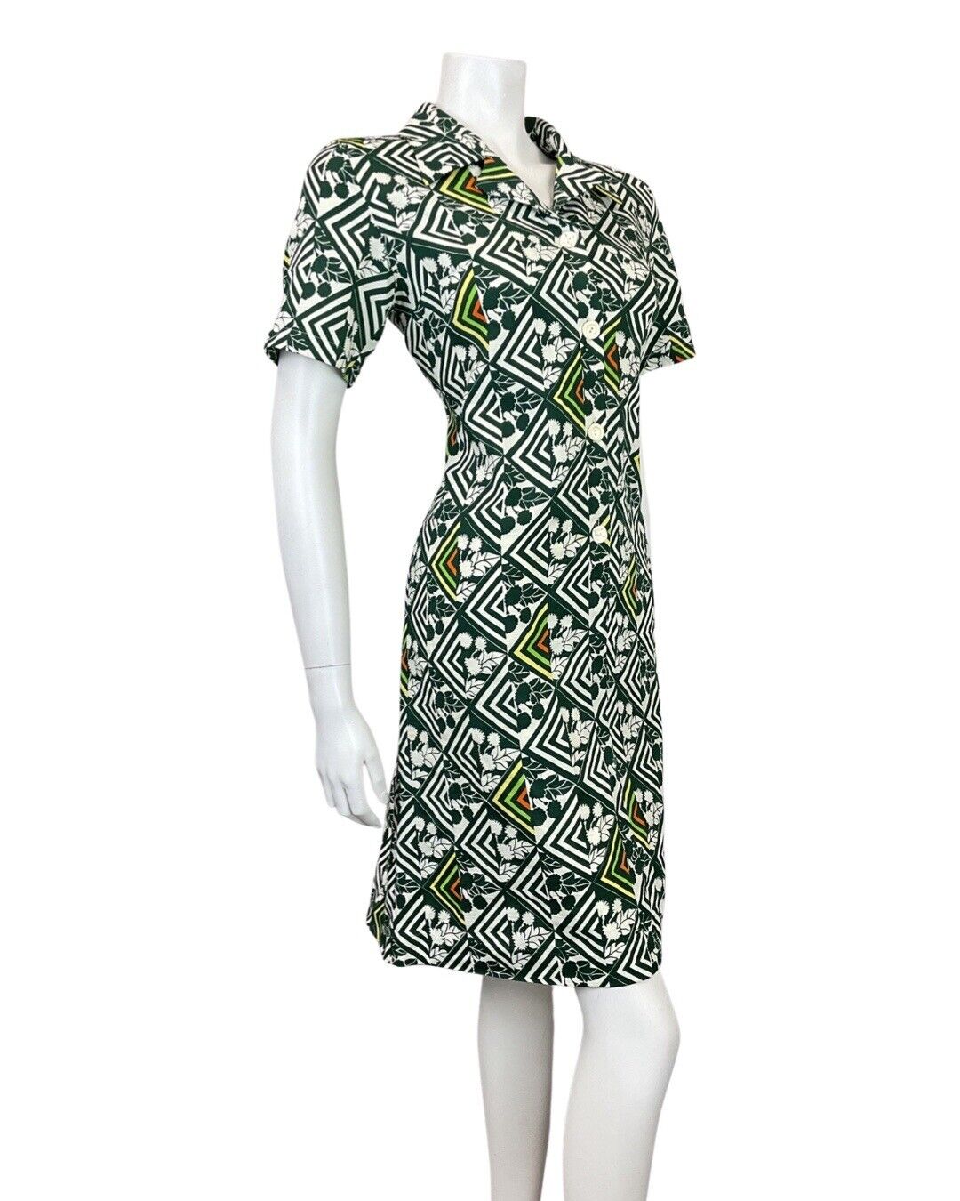 VINTAGE 60s 70s GREEN WHITE YELLOW GEOMETRIC BERRY FLORAL MOD SHIRT DRESS 12 14