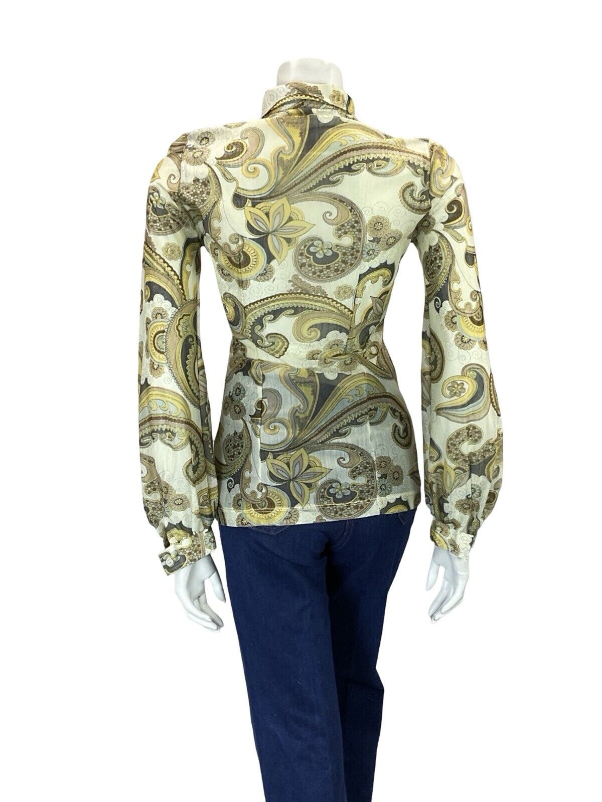 VTG 60S 70S CREAM YELLOW BLACK PSYCHEDELIC SHIMMERY DAGGER COLLAR PARTY SHIRT 6