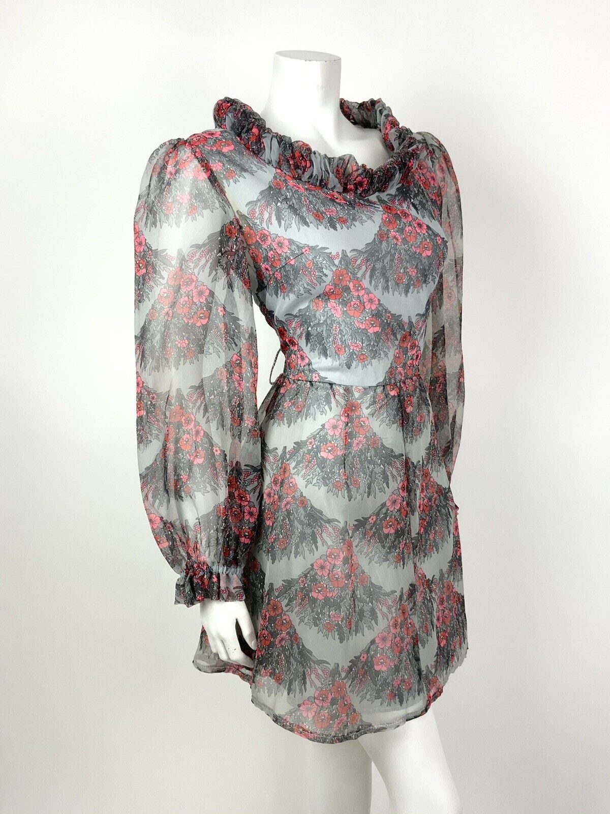 VINTAGE 60s 70s GREY RED PINK FLORAL SCALES RUFFLED SHEER MOD DRESS 12 14
