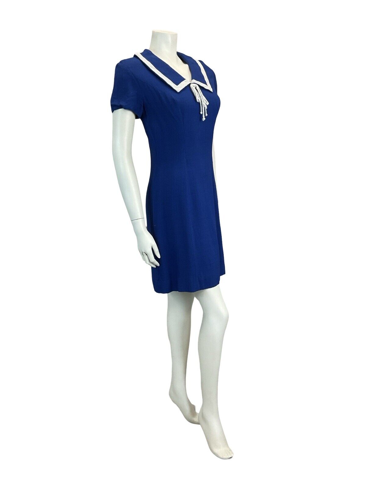VTG 60S 70S ROYAL BLUE NAUTICAL LINEN FEEL MINI DRESS MOD GOGO SCOOTER 8 10