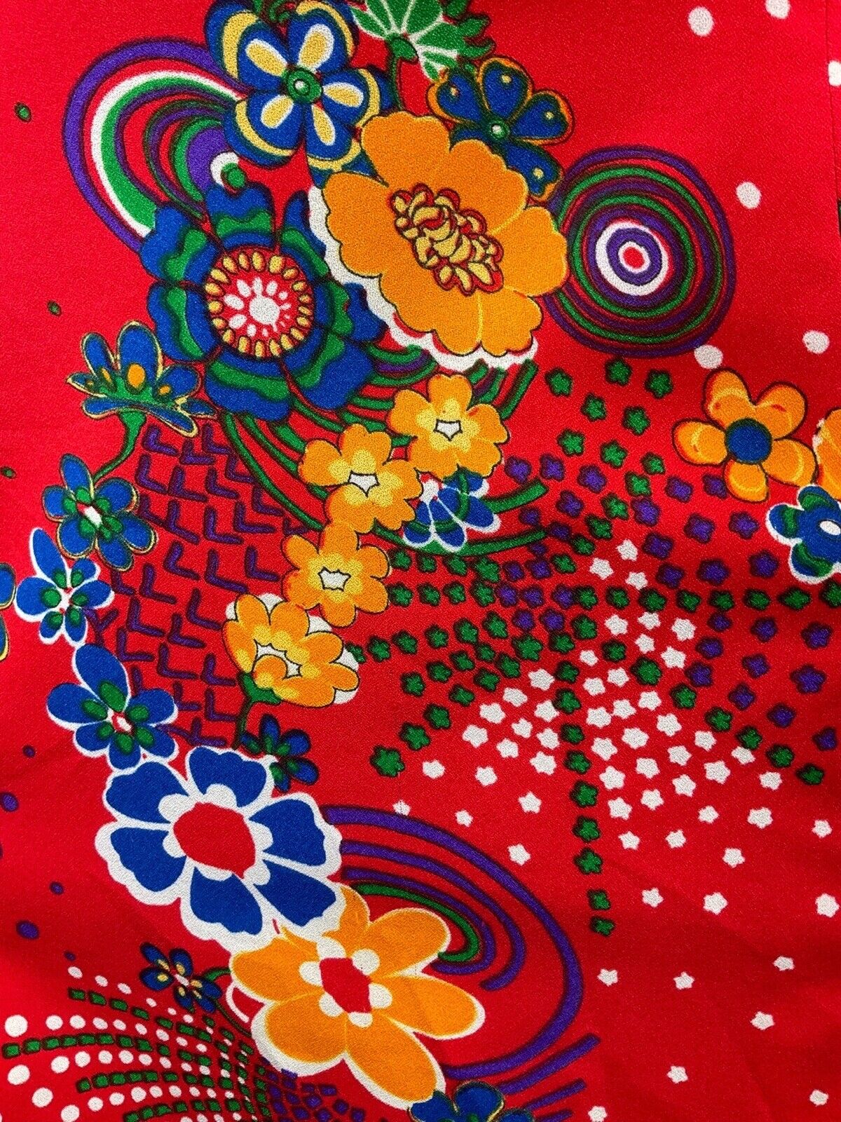 VINTAGE 60s 70s RED BLUE YELLOW PSYCHEDELIC SWIRL FLORAL RUFFLED DRESS 16