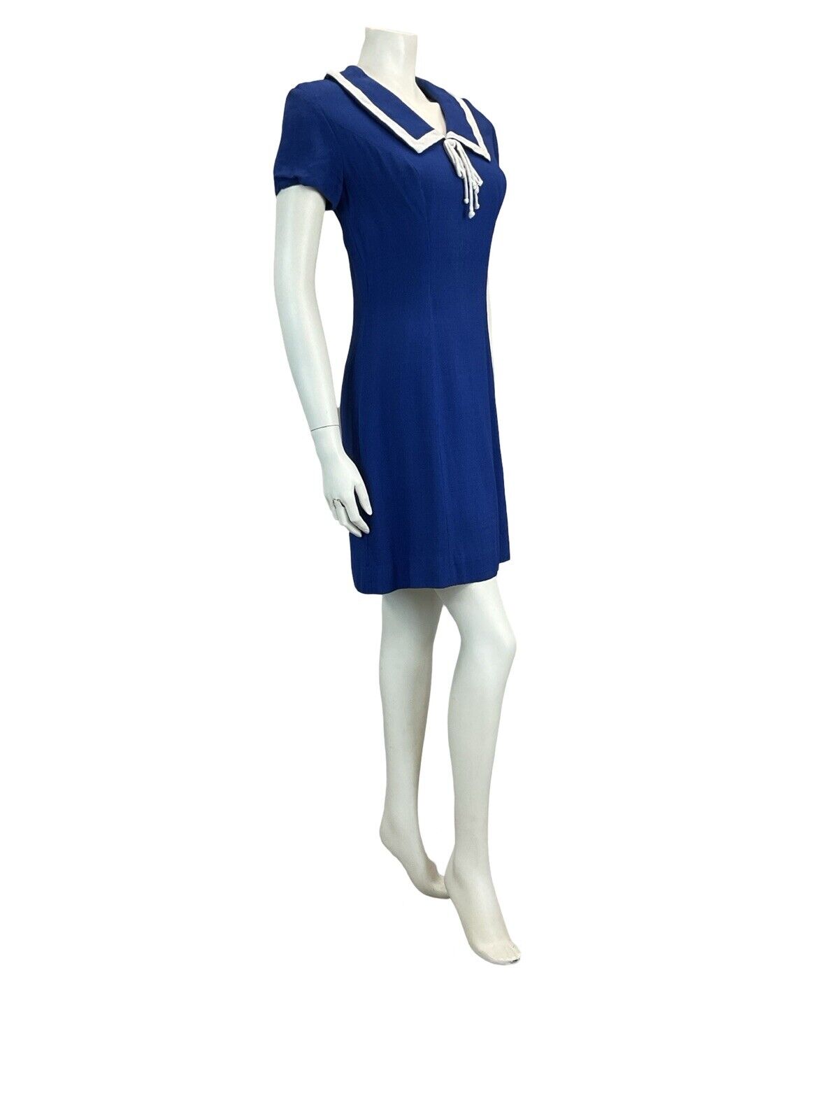 VTG 60S 70S ROYAL BLUE NAUTICAL LINEN FEEL MINI DRESS MOD GOGO SCOOTER 8 10