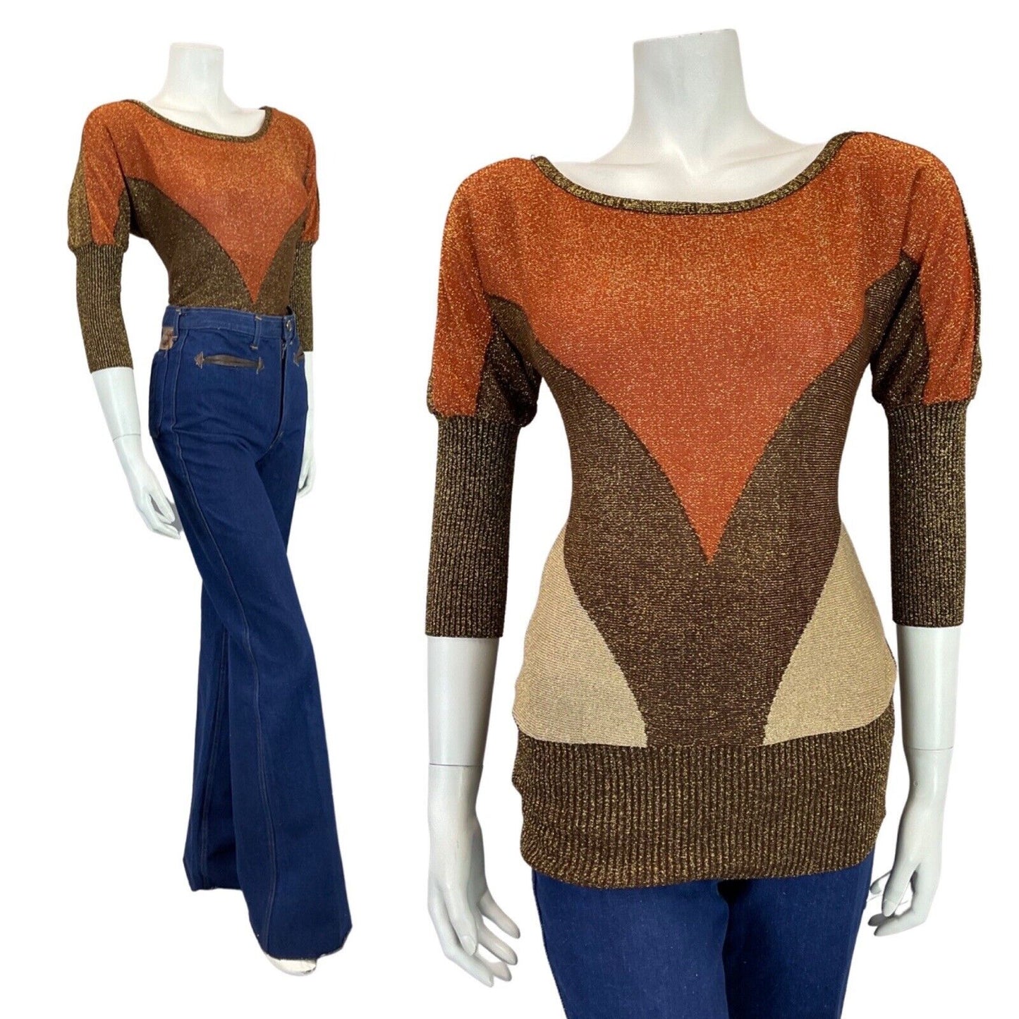 VINTAGE 60s 70s BROWN ORANGE CREAM BATWING GLITTER LUREX KNIT TOP 10
