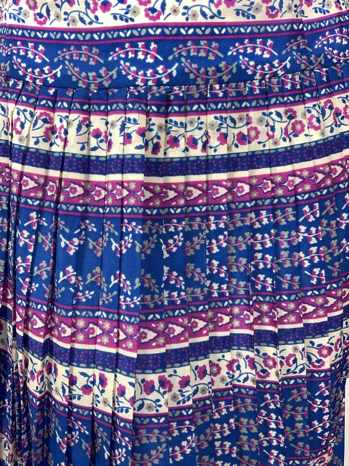 VTG 60s 70s BLUE PINK WHITE FLORAL STRIPED GYPSY BOHO FOLK PLEATED DRESS 14 16
