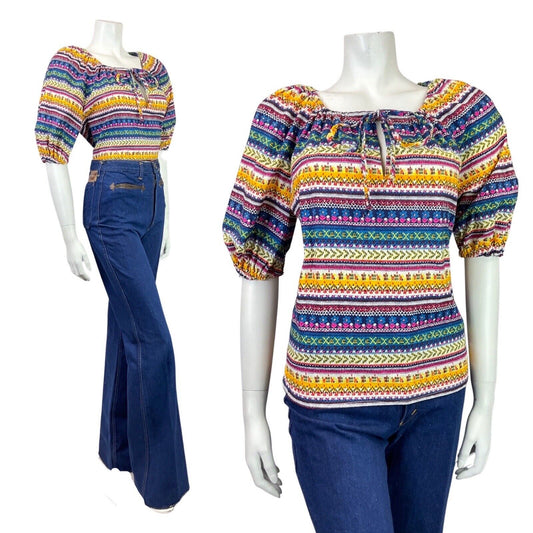 VTG 70s BLUE YELLOW PINK STRIPED DAISY GEOMETRIC PUFF SLEEVE BOHO BLOUSE 12 14
