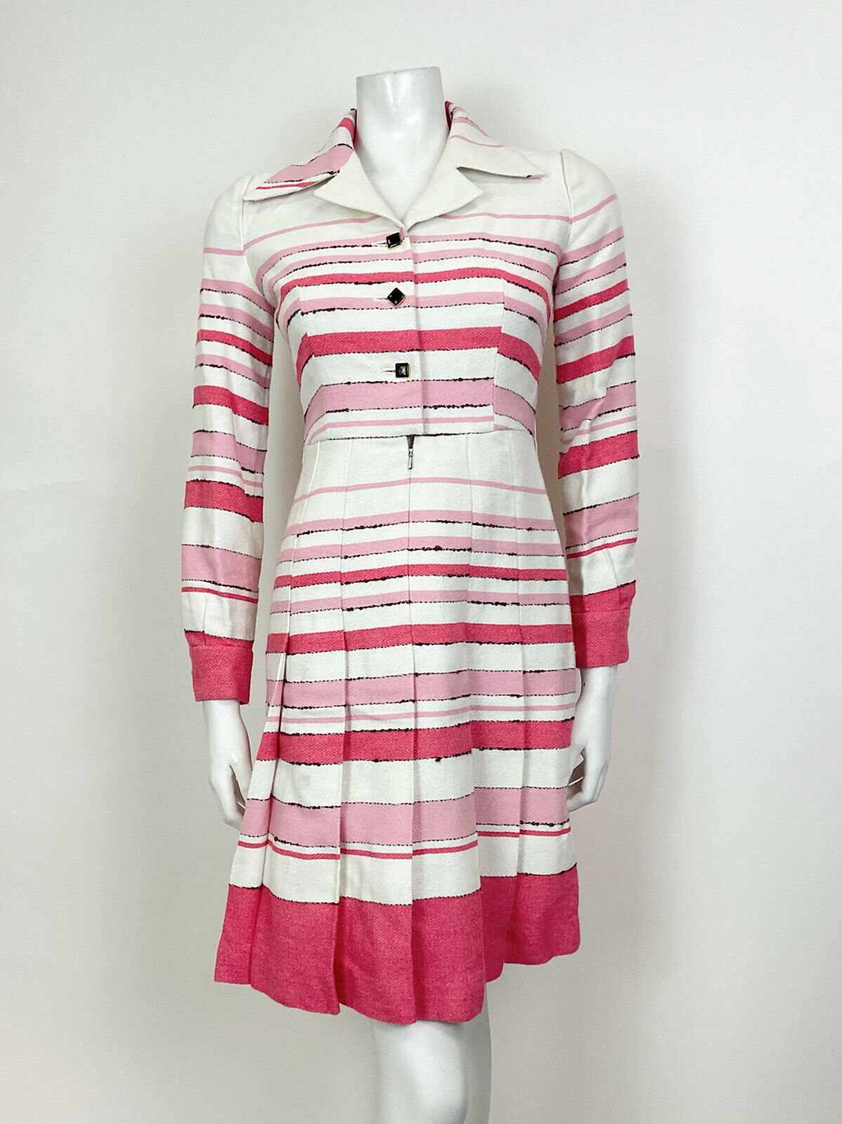 VINTAGE 60s 70s WHITE PINK ROSE STRIPED PLEATED MOD DAGGER SHIRT DRESS 8 10