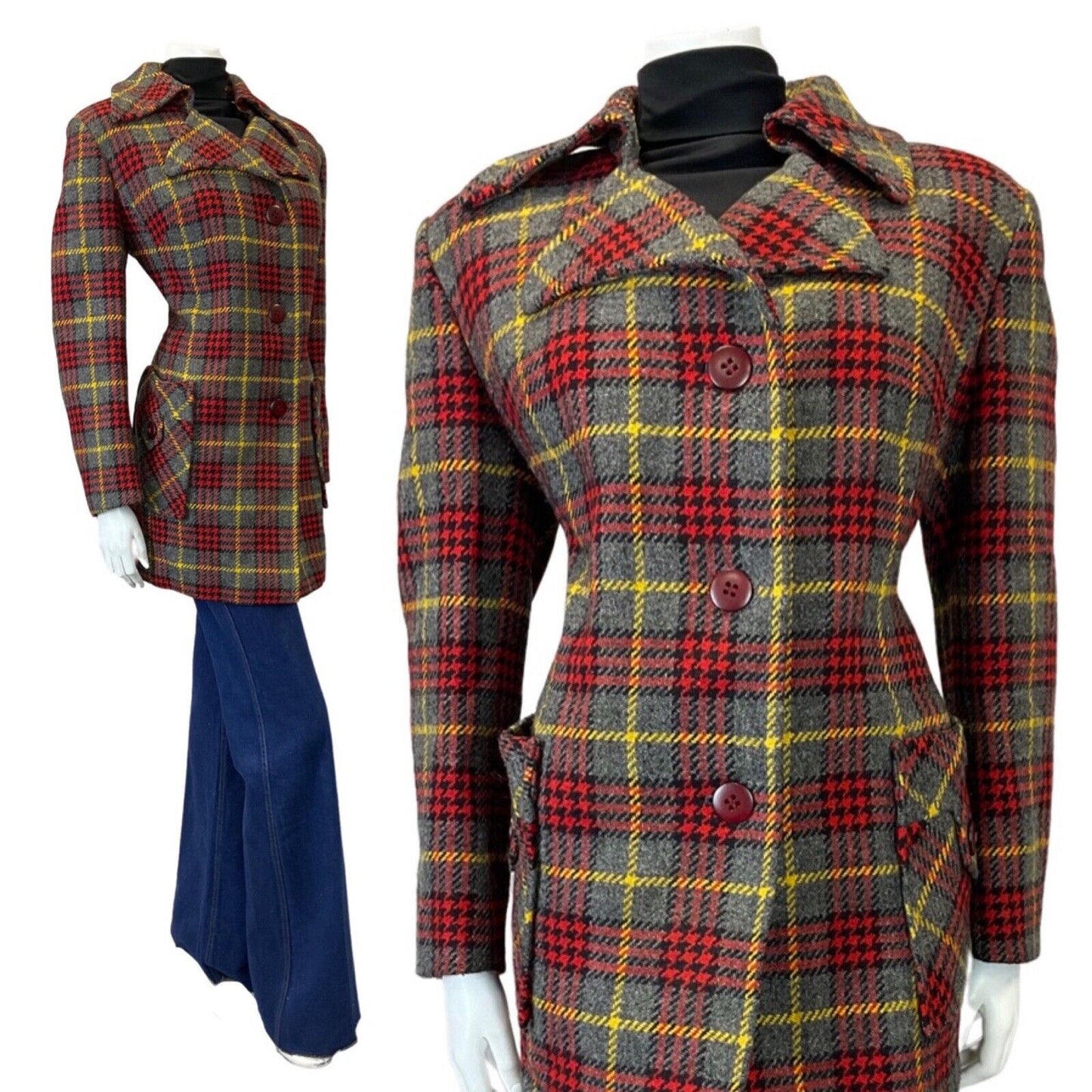 VINTAGE 60s 70s GREY RED YELLOW TARTAN CHECKED MOD WOOL COAT 14 16