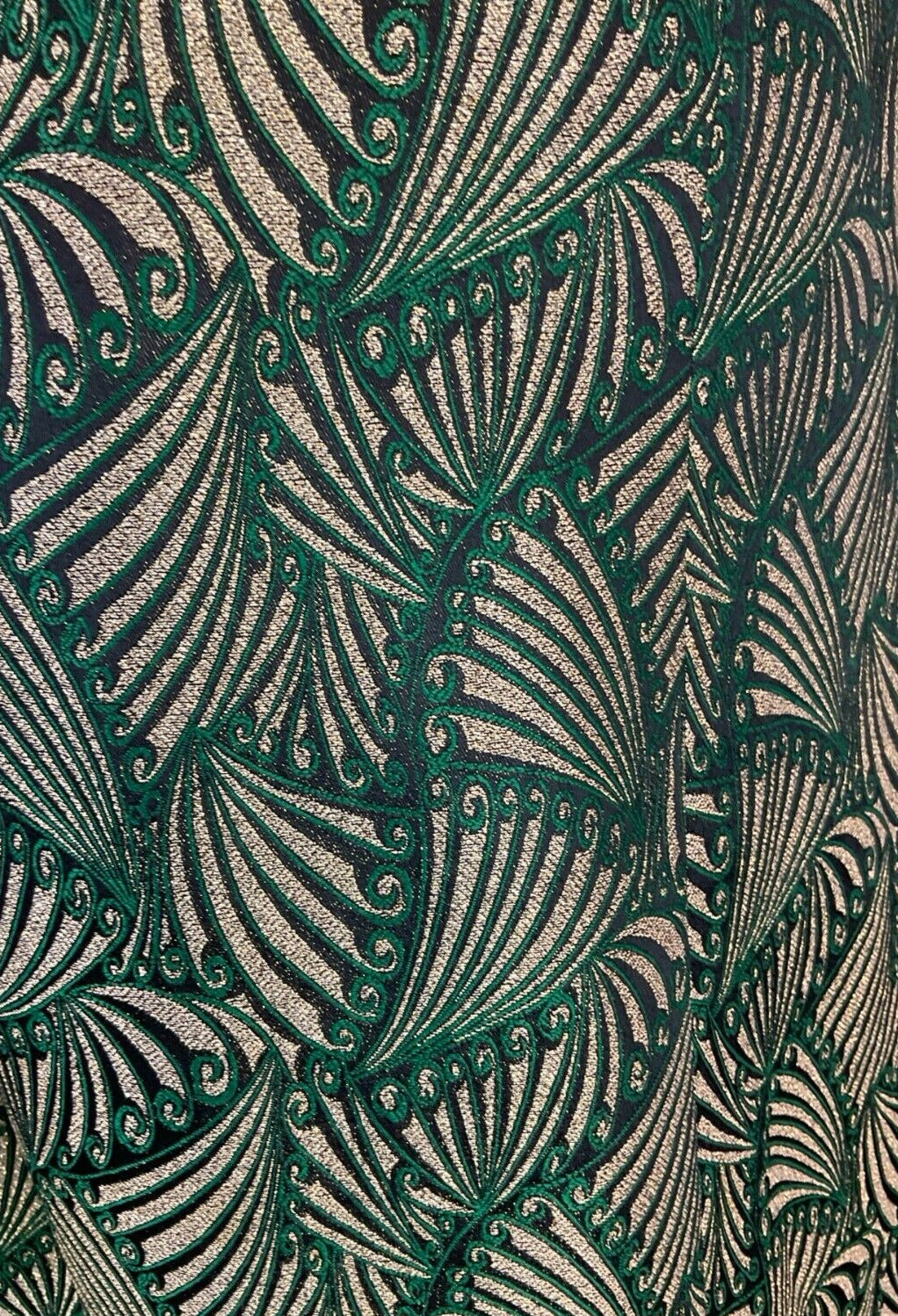 VTG 60S ART DECO FAN GOLD GREEN BLACK SHORT SLEEVE ROUNDED NECK DRESS 12