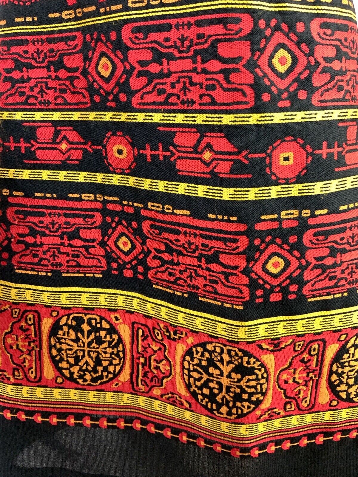 VINTAGE 60s 70s BLACK RED GOLD STRIPED AZTEC GEOMETRIC SHIFT DRESS 10 12