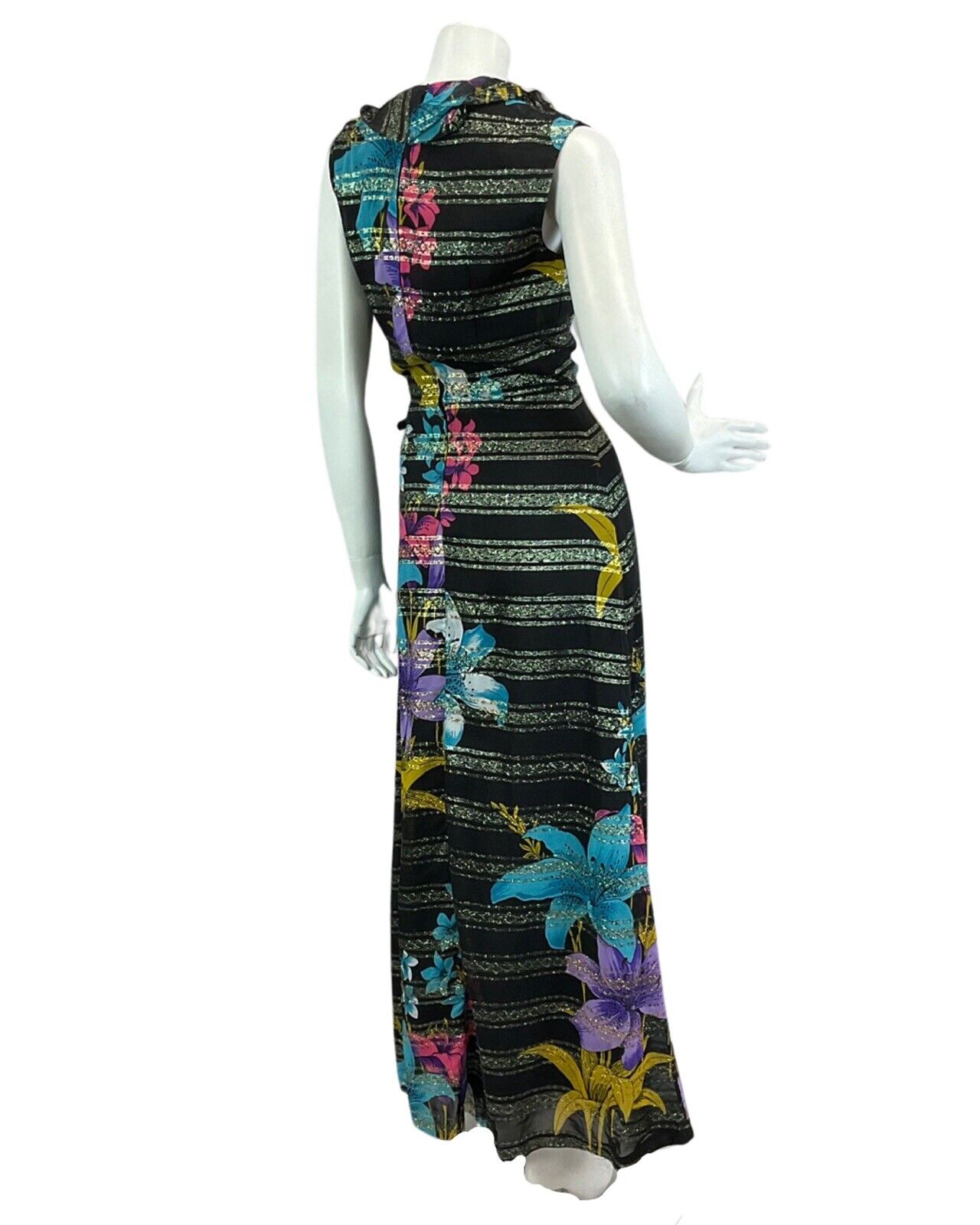VINTAGE 60s 70s BLACK PINK BLUE FLORAL BOHO DISCO PARTY MAXI DRESS 8