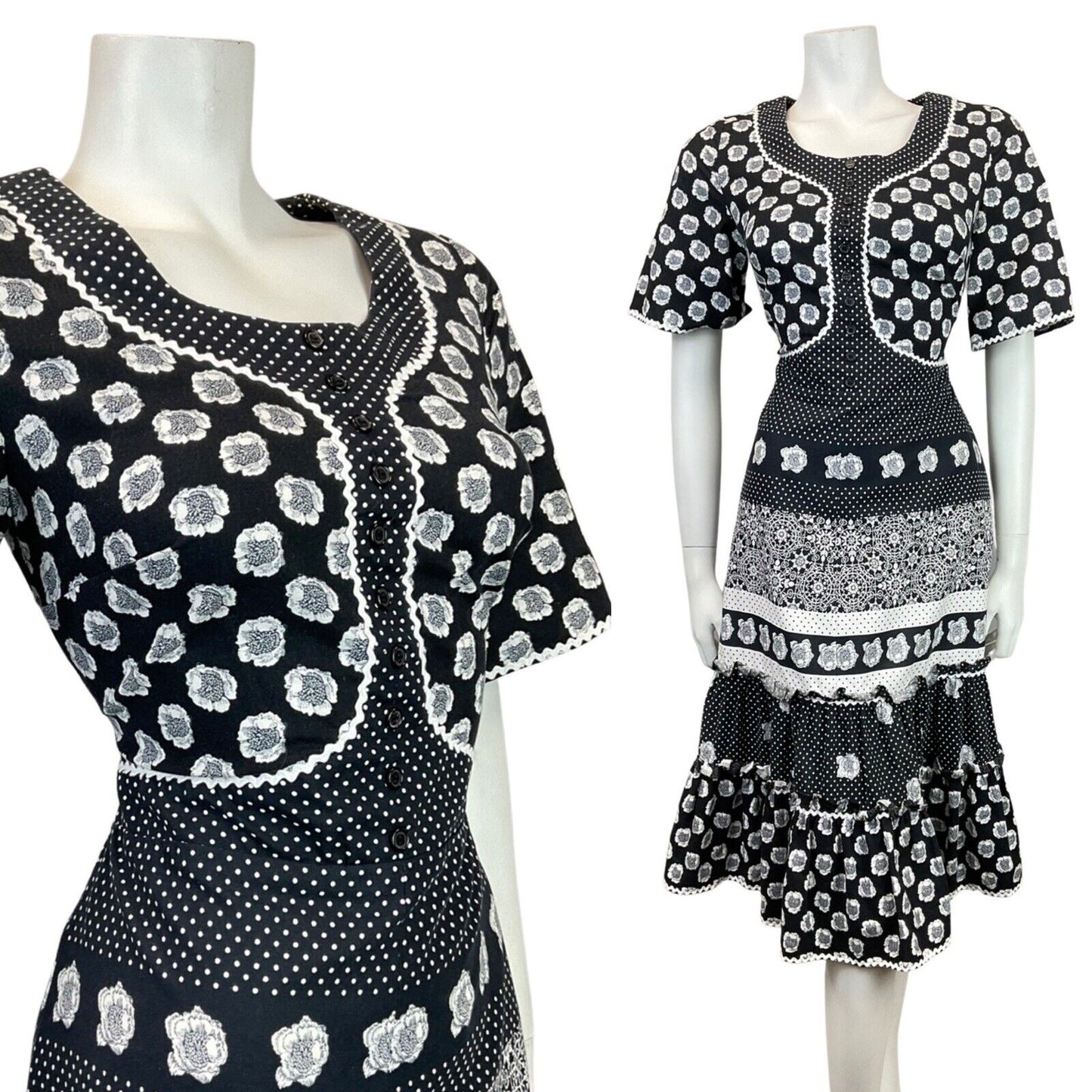 VINTAGE 60s 70s BLACK WHITE FLORAL POLKA-DOT RICRAC MOD RUFFLE DRESS 10