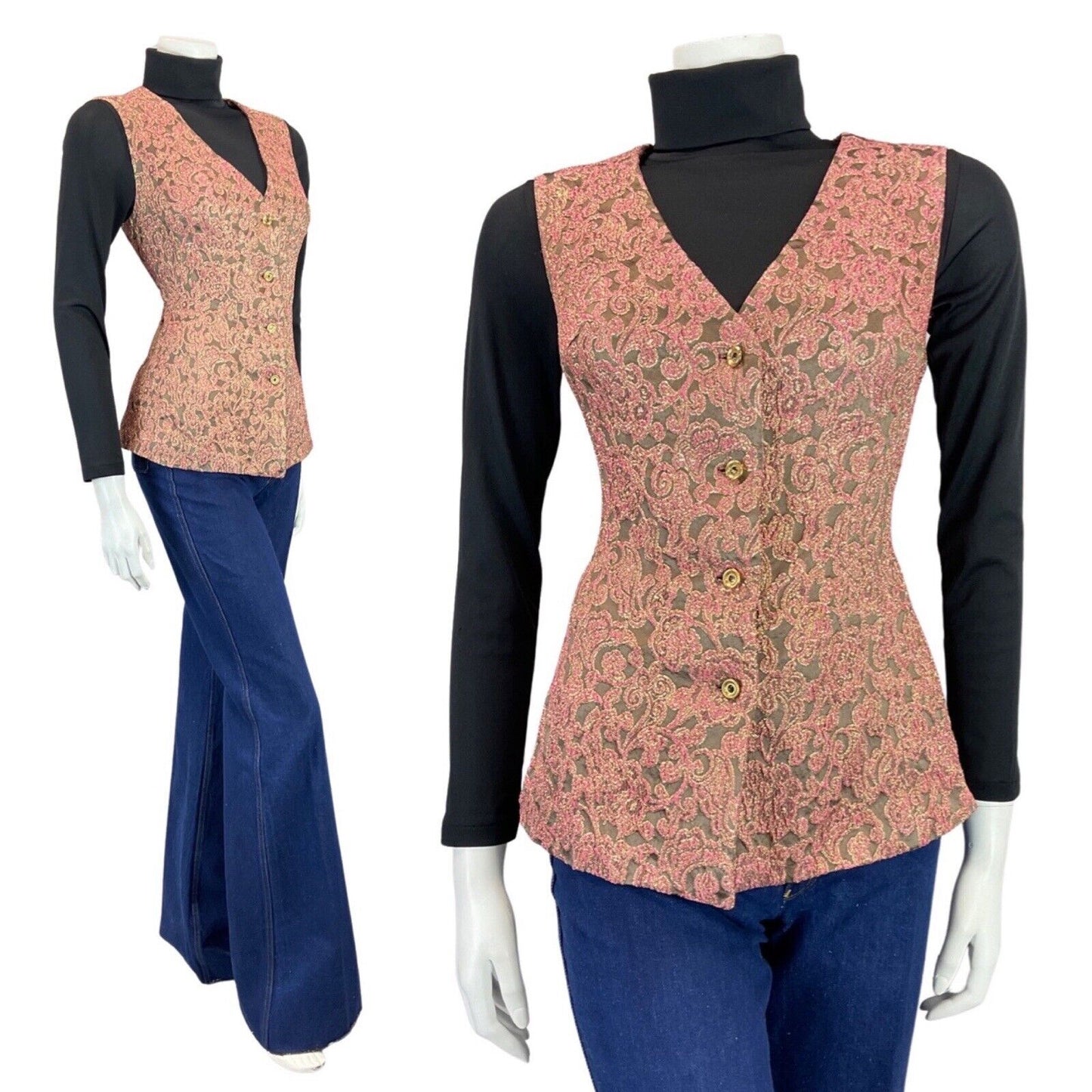 VINTAGE 60s 70s PINK GOLD FLORAL SWIRL BROCADE LUREX WAISTCOAT 12