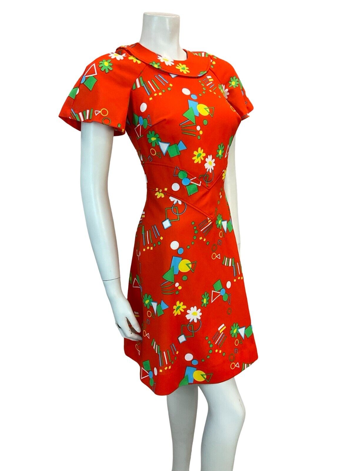 VTG 70S GEOMETRIC FLORAL DAISY MINI DRESS RED GREEN BLUE YELLOW 6 8