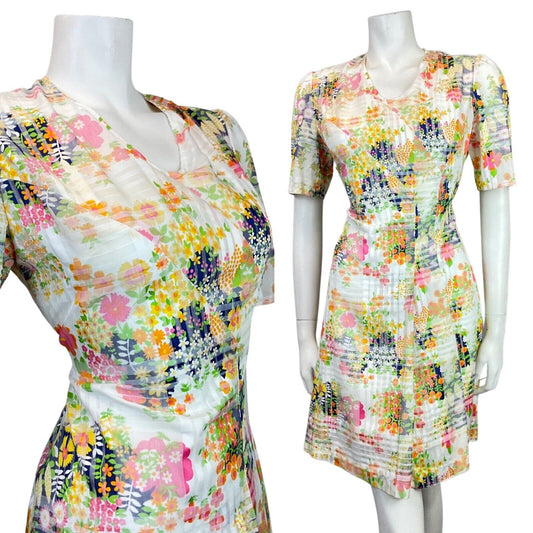 VINTAGE 60s 70s WHITE BLUE YELLOW CHECKED FLORAL DAISY MOD SHORT DRESS 10 12