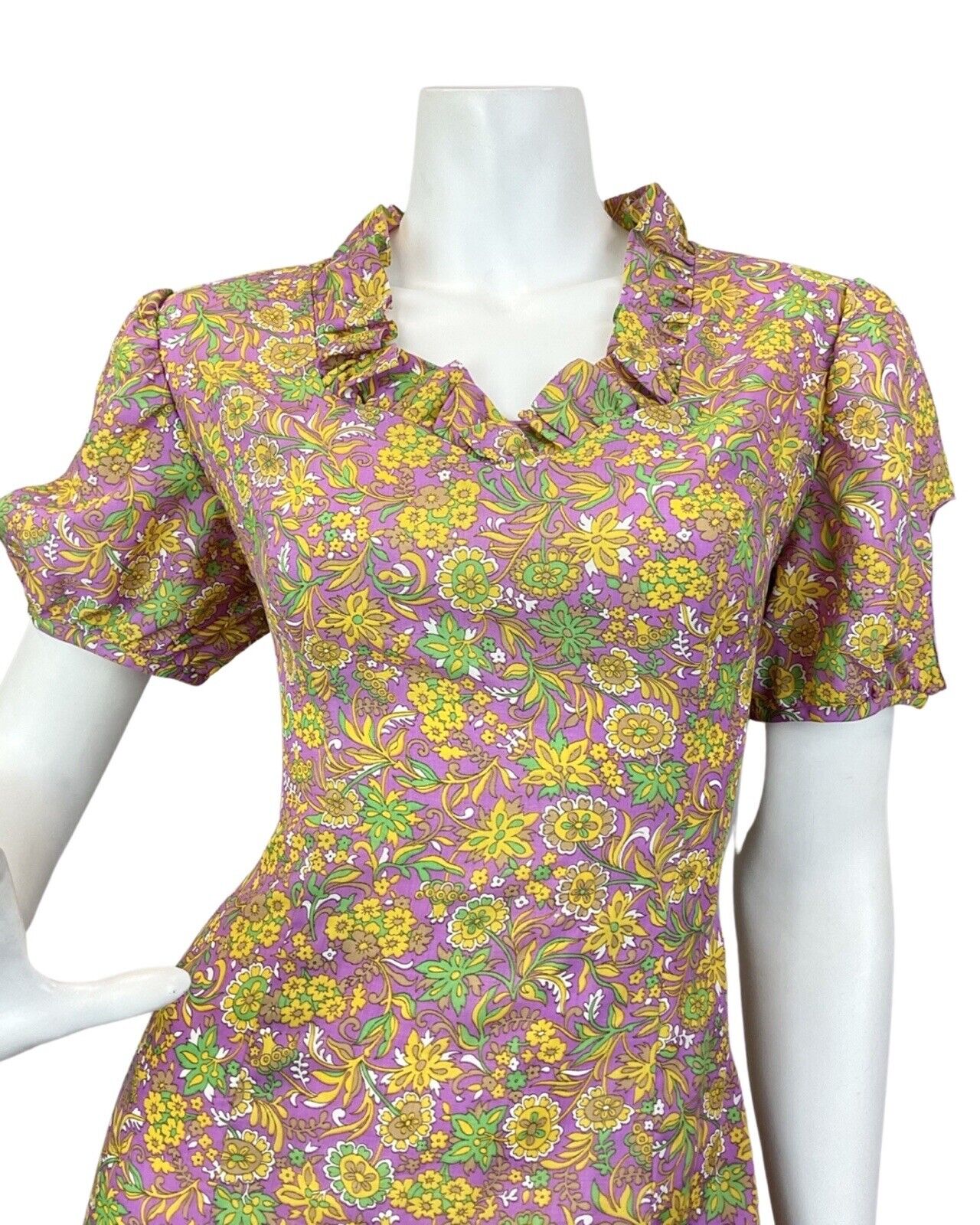 VINTAGE 60s 70s PURPLE YELLOW GREEN PSYCHEDELIC FLORAL MOD MAXI DRESS 10 12