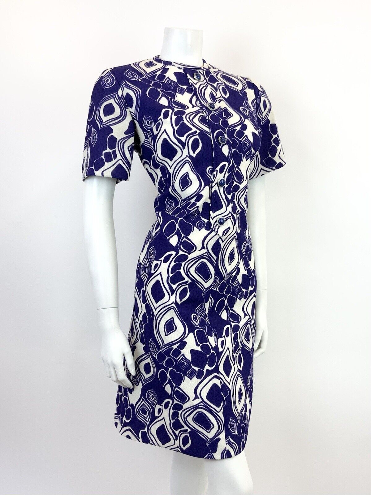 VINTAGE 60s 70s VIOLET PURPLE WHITE PSYCHEDELIC GEOMETRIC MOD SHORT DRESS 10 12