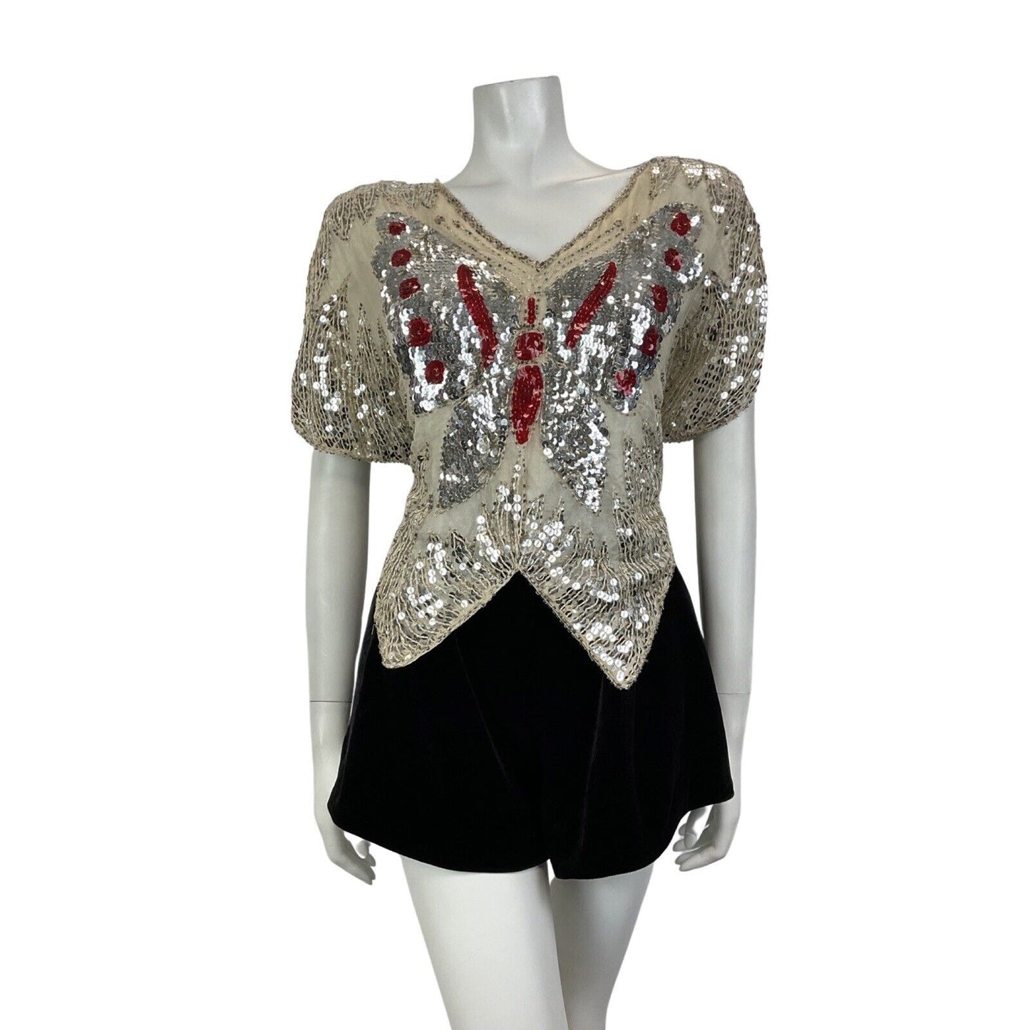 VINTAGE 70s WHITE RED SILVER SEQUIN BEADED BUTTERFLY DISCO GLAM PARTY TOP 12 14