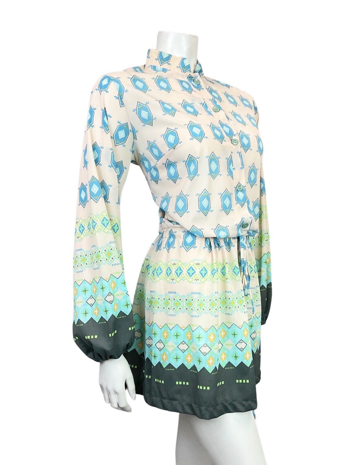 VINTAGE 60s 70s WHITE BLUE GREEN GEOMETRIC BOHO FOLK BLOUSON DRESS 12 14