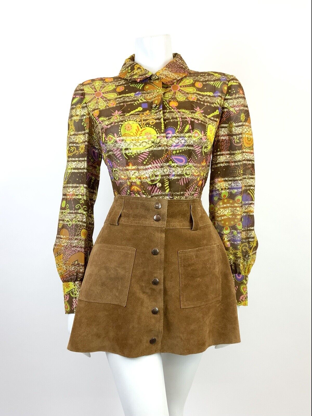 VTG 60s 70s BROWN PINK GREEN GOLD PSYCHEDELIC FLORAL STRIPED DAGGER SHIRT 14 16