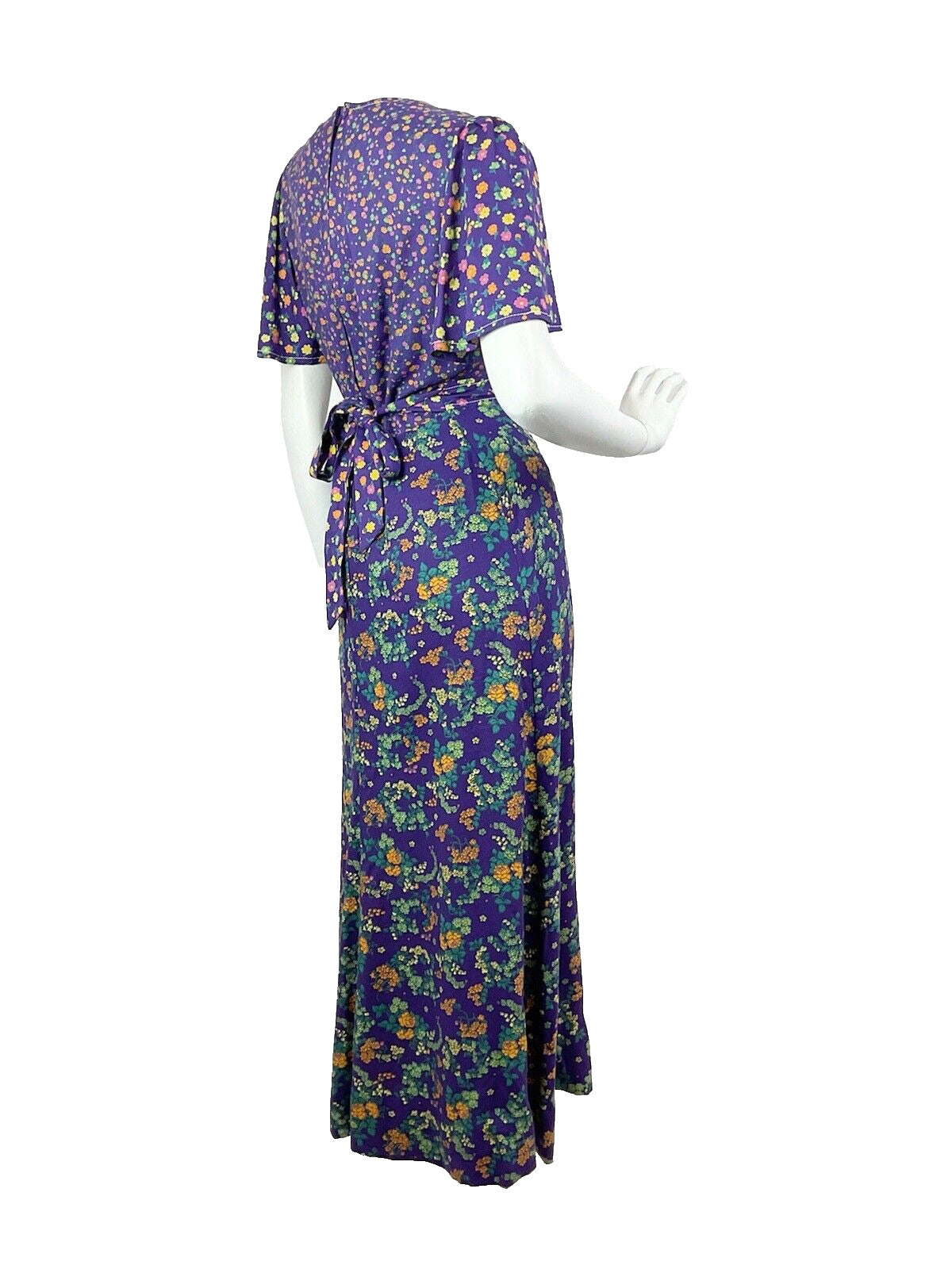 VINTAGE 60s 70s PURPLE PINK GREEN FLORAL DITSY CAPE SLEEVE MOD MAXI DRESS 10 12