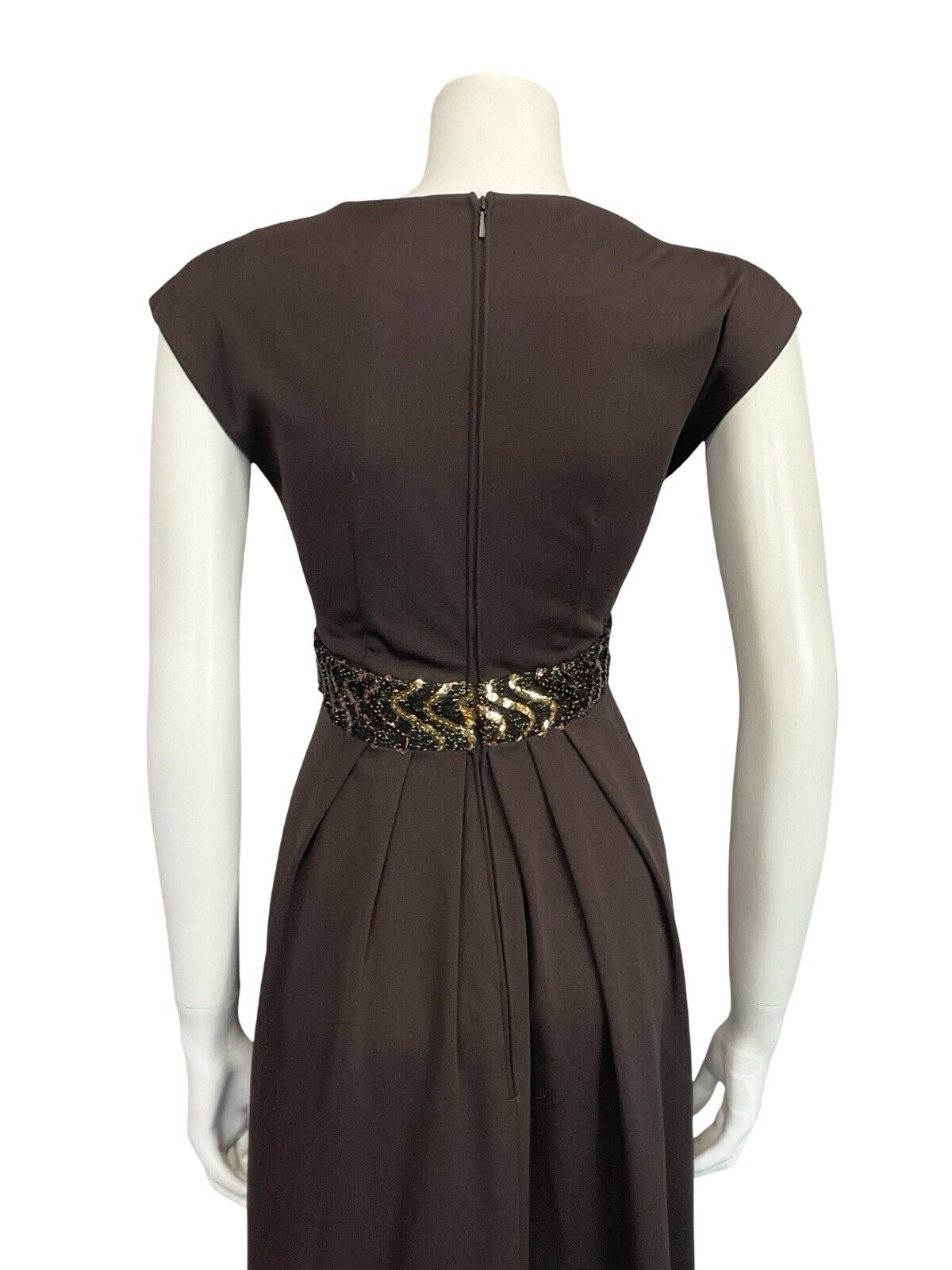 VTG 60S 70S BROWN GOLD SEQUIN BAND PLEATED TUNIC MOD PARTY MIDI DRESS 8