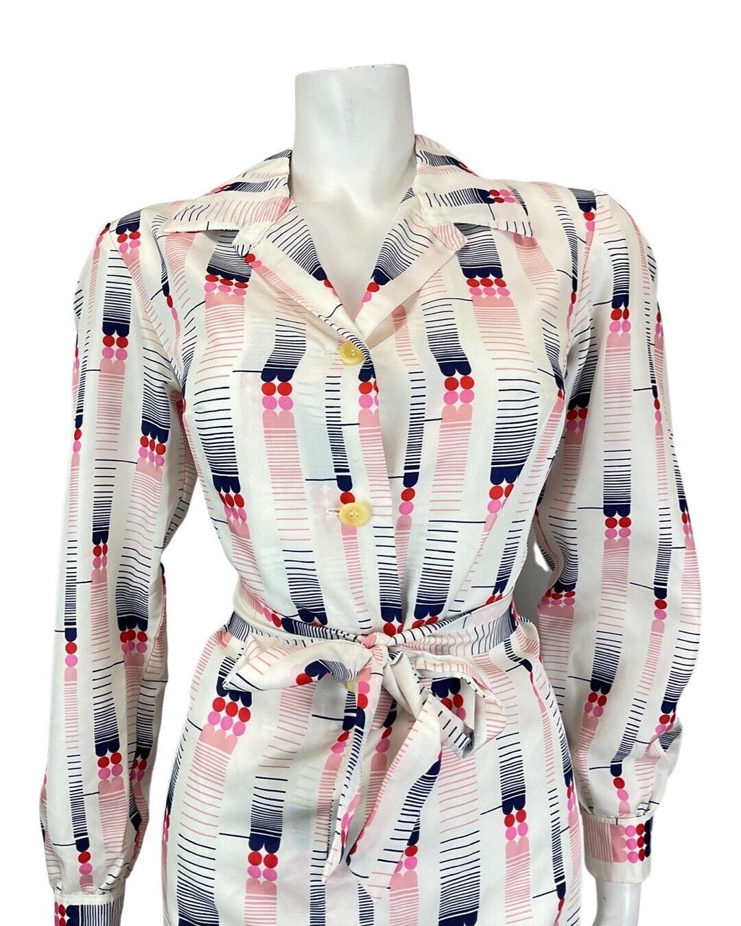 VINTAGE 60s 70s WHITE PINK BLUE GEOMETRIC MOD BELTED SHIRT DRESS 14