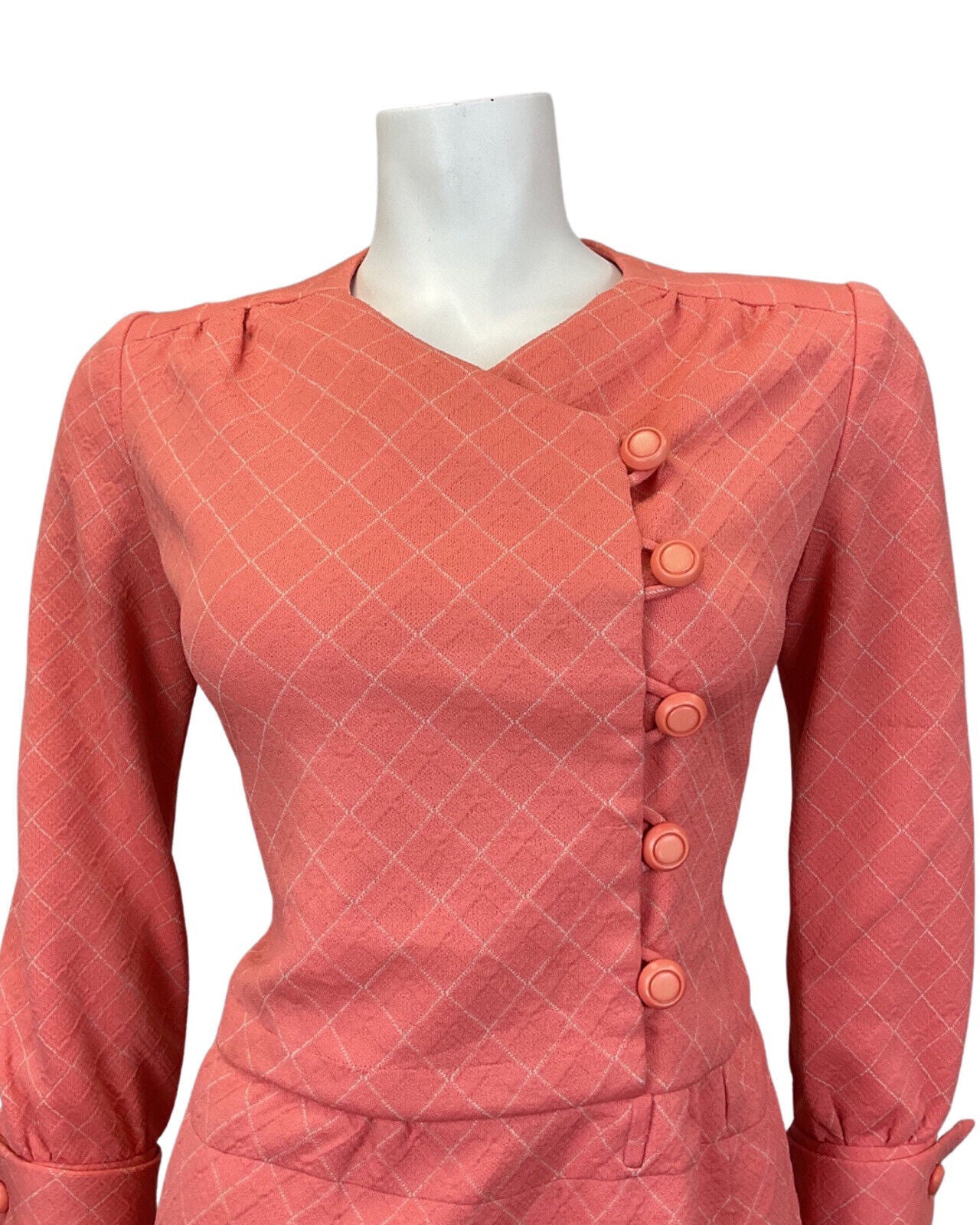 VINTAGE 60s 70s SALMON PINK WHITE GRID CHECKED MOD SCOOTER SHIFT DRESS 8
