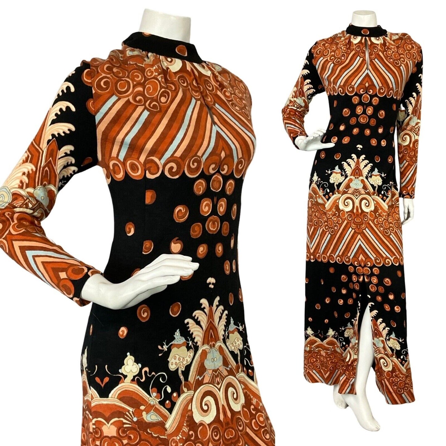 VTG 60S 70S ORANGE BLUE BLACK PSYCHEDELIC HIPPY KEYHOLE PARTY MAXI DRESS S 8 10