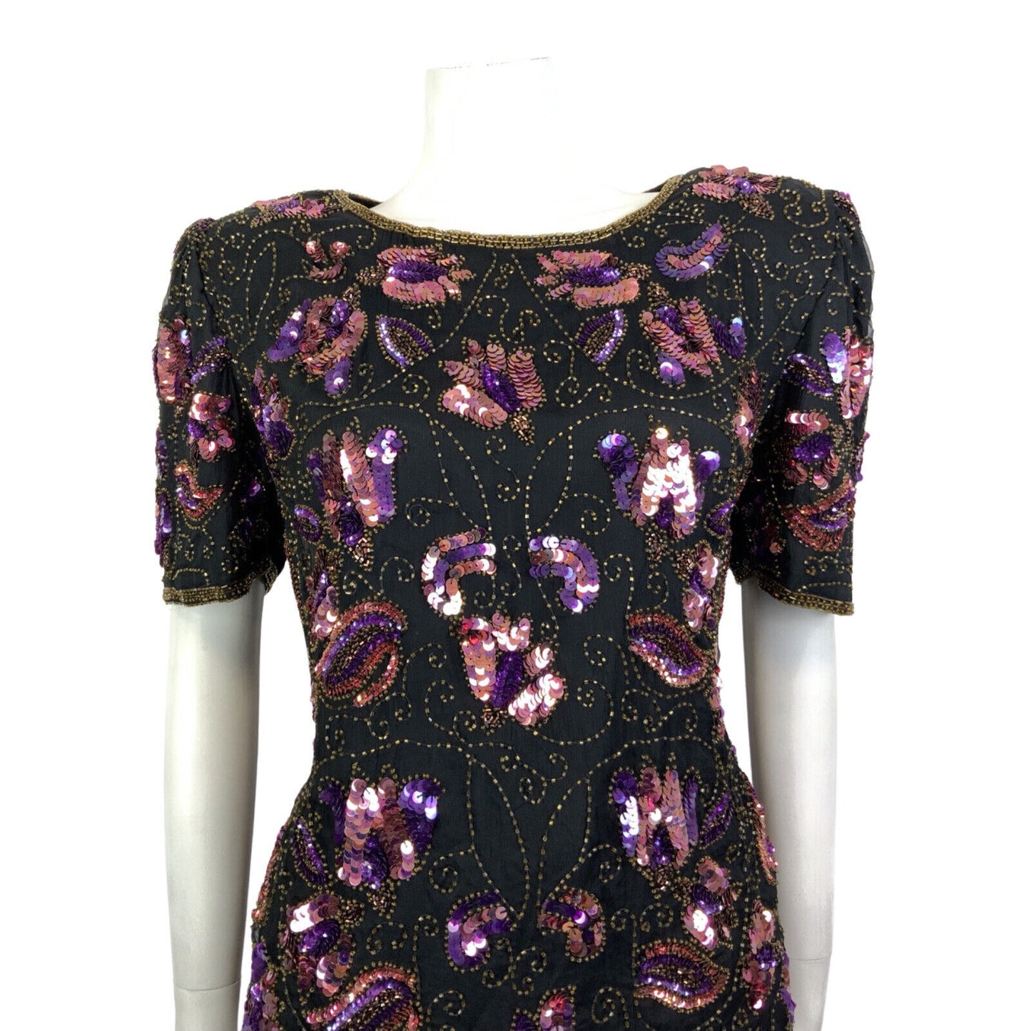 VINTAGE 70s BLACK PURPLE GOLD FLORAL SWIRL SEQUIN DISCO GLAM PARTY TOP 14 16