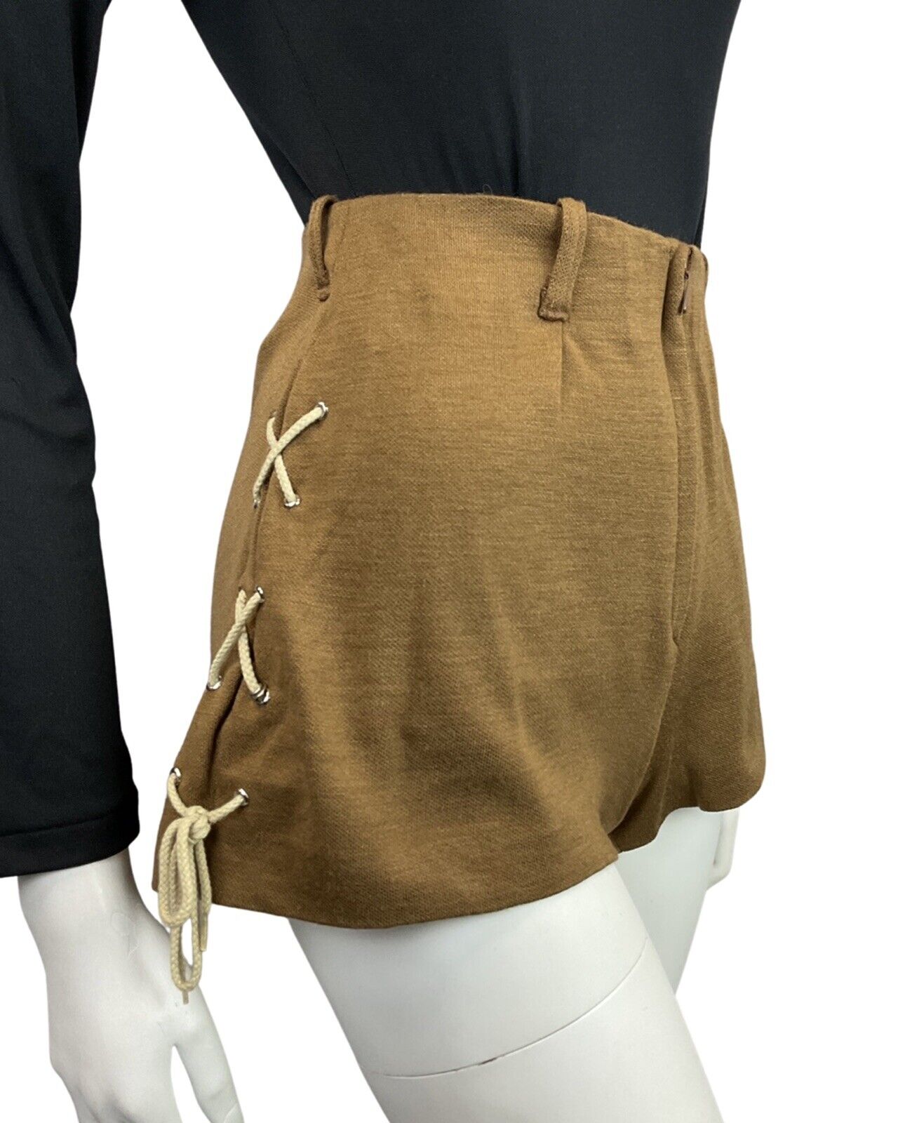 VINTAGE 60s 70s BROWN CREAM LACE-UP HOT PANTS GOGO MOD SHORTS 6 8