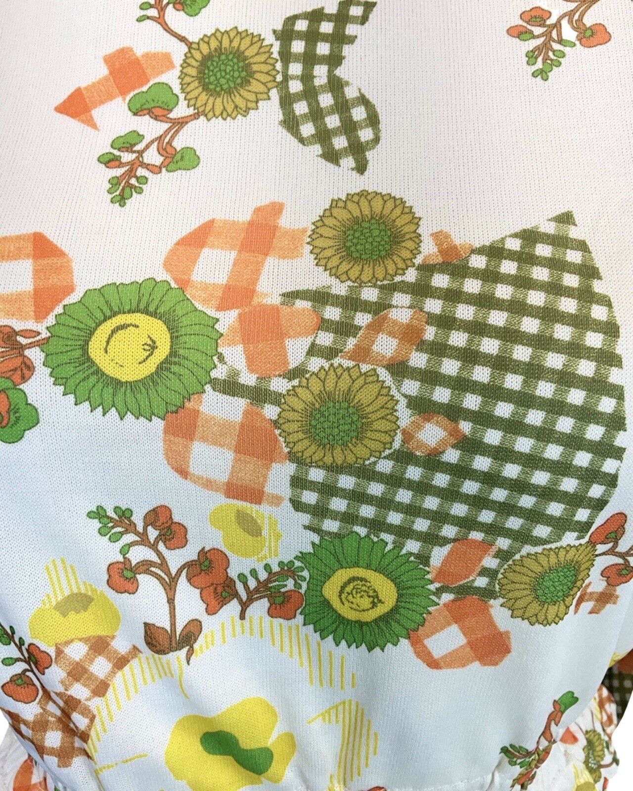 VINTAGE 60s 70s WHITE GREEN ORANGE SUNFLOWER GINGHAM SHIRRED BLOUSE TOP 10 12